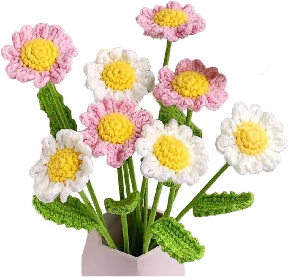 8 Pcs Summer Hand Made Knitted Fake Sunflower Daisy Artificial Flowers for Tabletop Decor Decoration Crochet Flowers