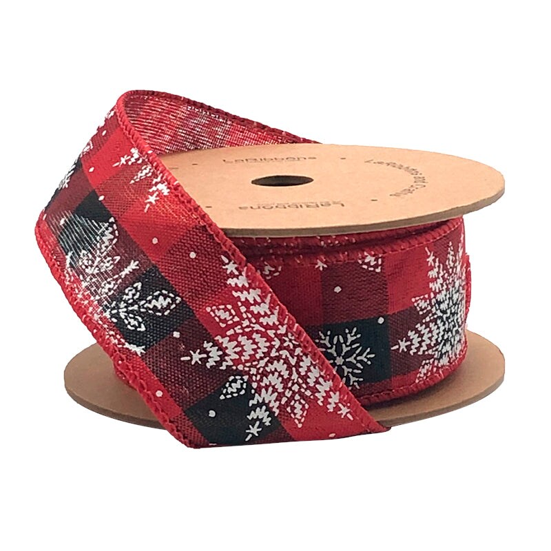 LaRibbons 1 1/2" Wired Ribbon | "Check Snowflake" Black/Red/White | 10 Yard Roll