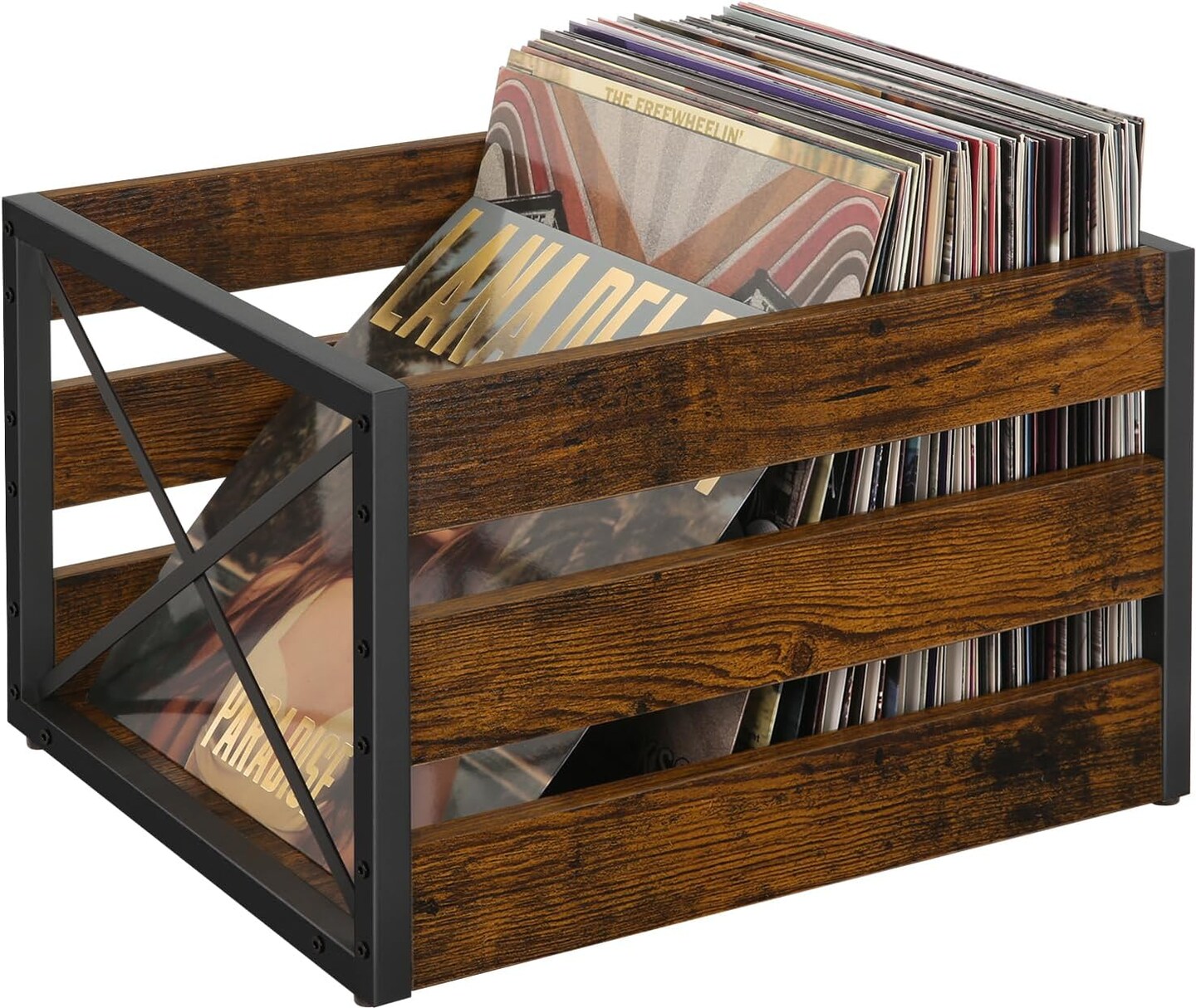 Vinyl Record Storage, Large LP Vinyl Record Storage Crate, Metal & Wooden Vinyl Record Album Holder, Cube Record Organizer Box, Holds up to 80+ Records