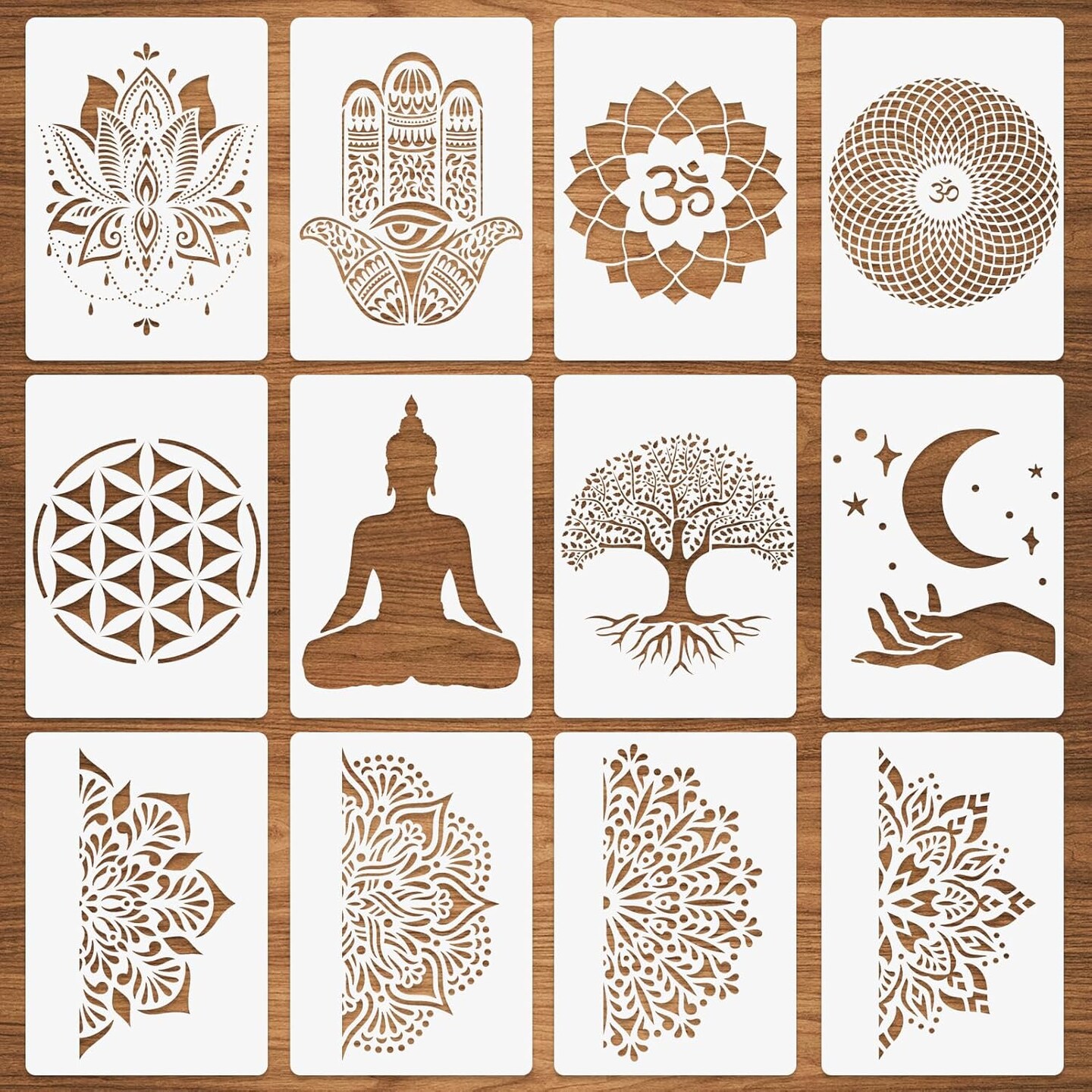 12-Piece Sacred Geometry Stencil Set (A4 8.3 x 11.7 Inch) – Hamsa, Om, Lotus, Mandala & Yoga Templates for Painting on Wood, Fabric, Walls & DIY Spiritual Crafts