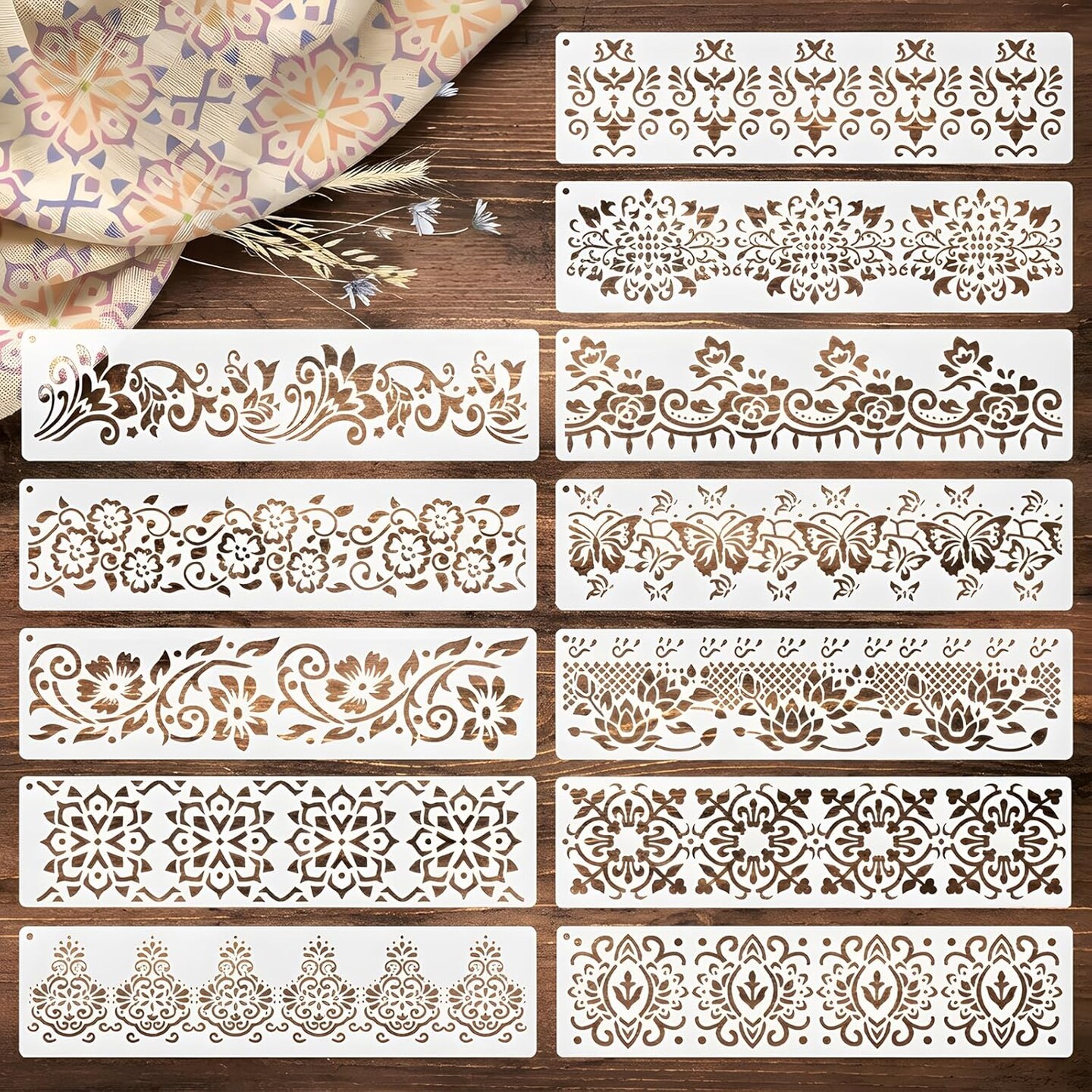 12-Piece Mandala Border Stencil Set (11.8 x 3 Inch) – Reusable Plastic Decorative Texture Templates for Painting on Wood, Wall, Canvas, Furniture & DIY Home Decor