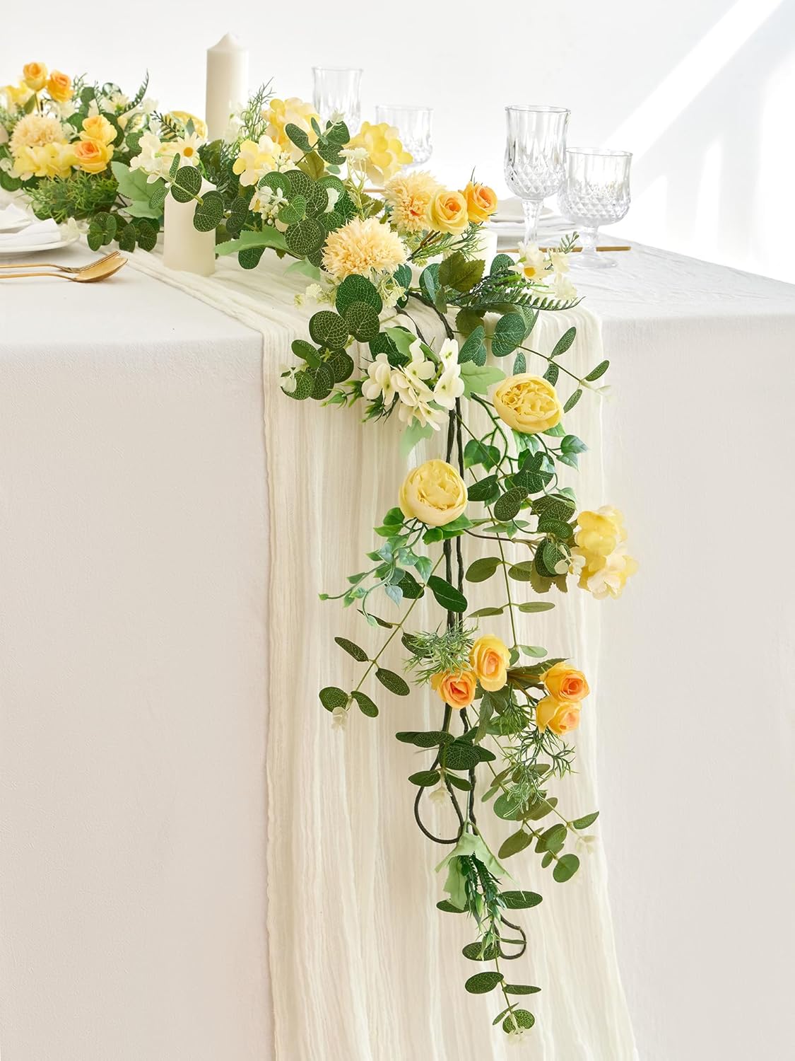 Spring Floral Garlands – 5.9 Ft Artificial Eucalyptus Garland with Flowers for Mantle, Table Centerpiece, Baby Shower, Wedding, and Spring Décor