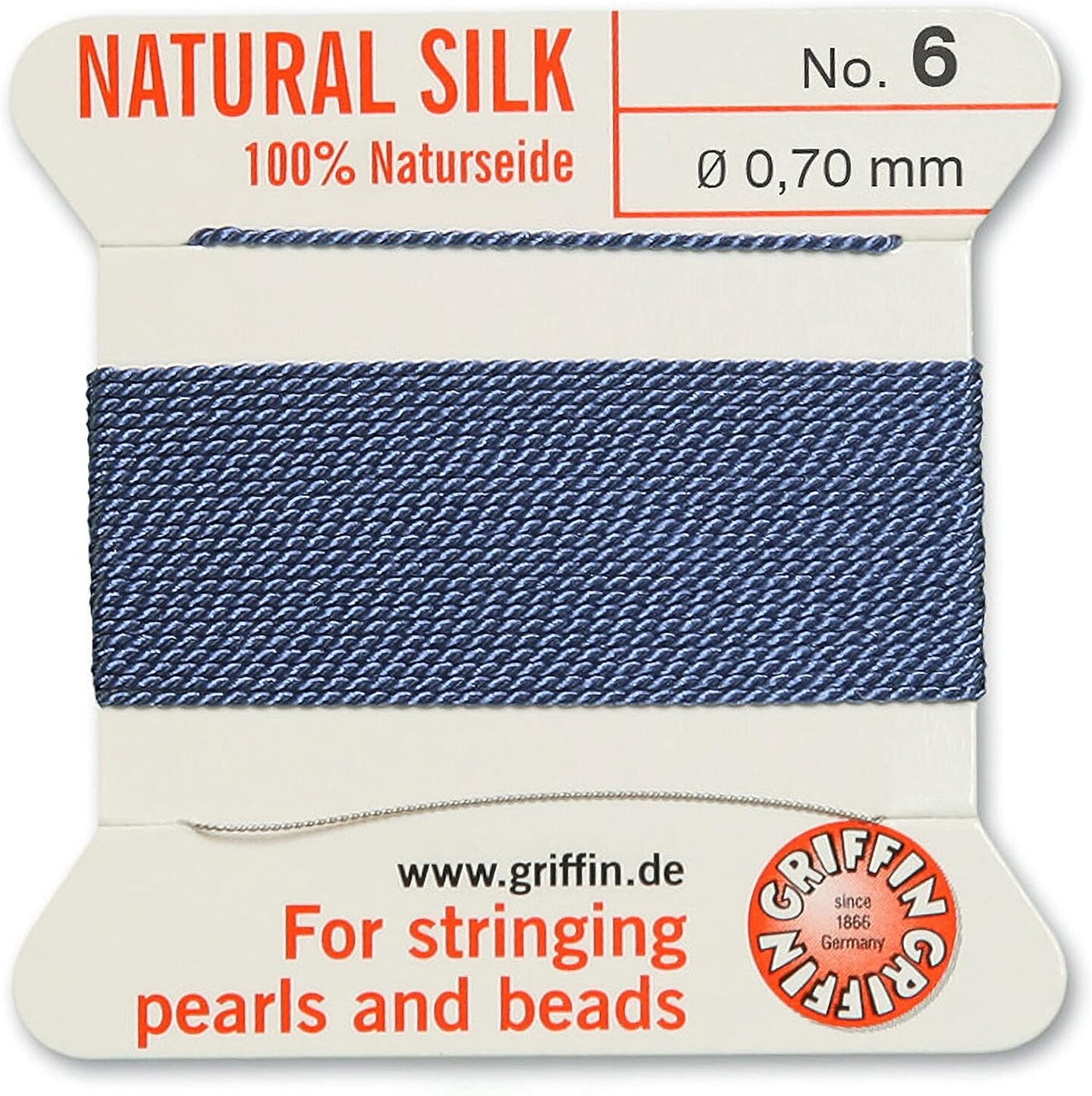 Griffin Silk Bead Cord Perlseide – Size 6 (0.70mm) – 2 Meters per Card – Stainless Steel Needle Attached – for Knotting Pearls, Gemstones, Crystals and Beads