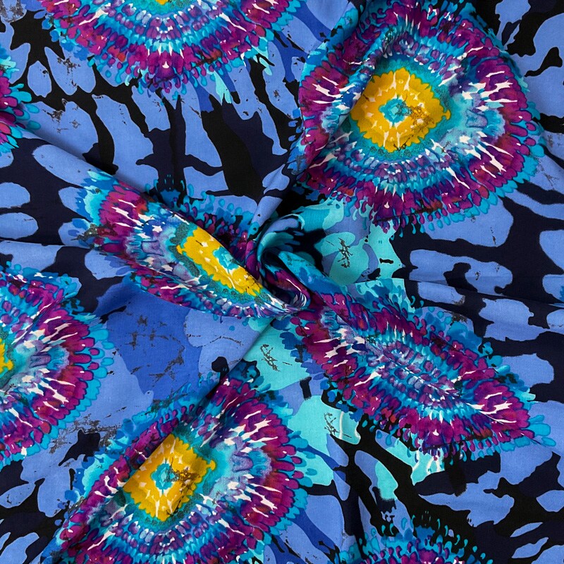 Blue-Purple-Multi Rayon Abstract Tie Dye Printed Challis Woven Fabric By the Yard