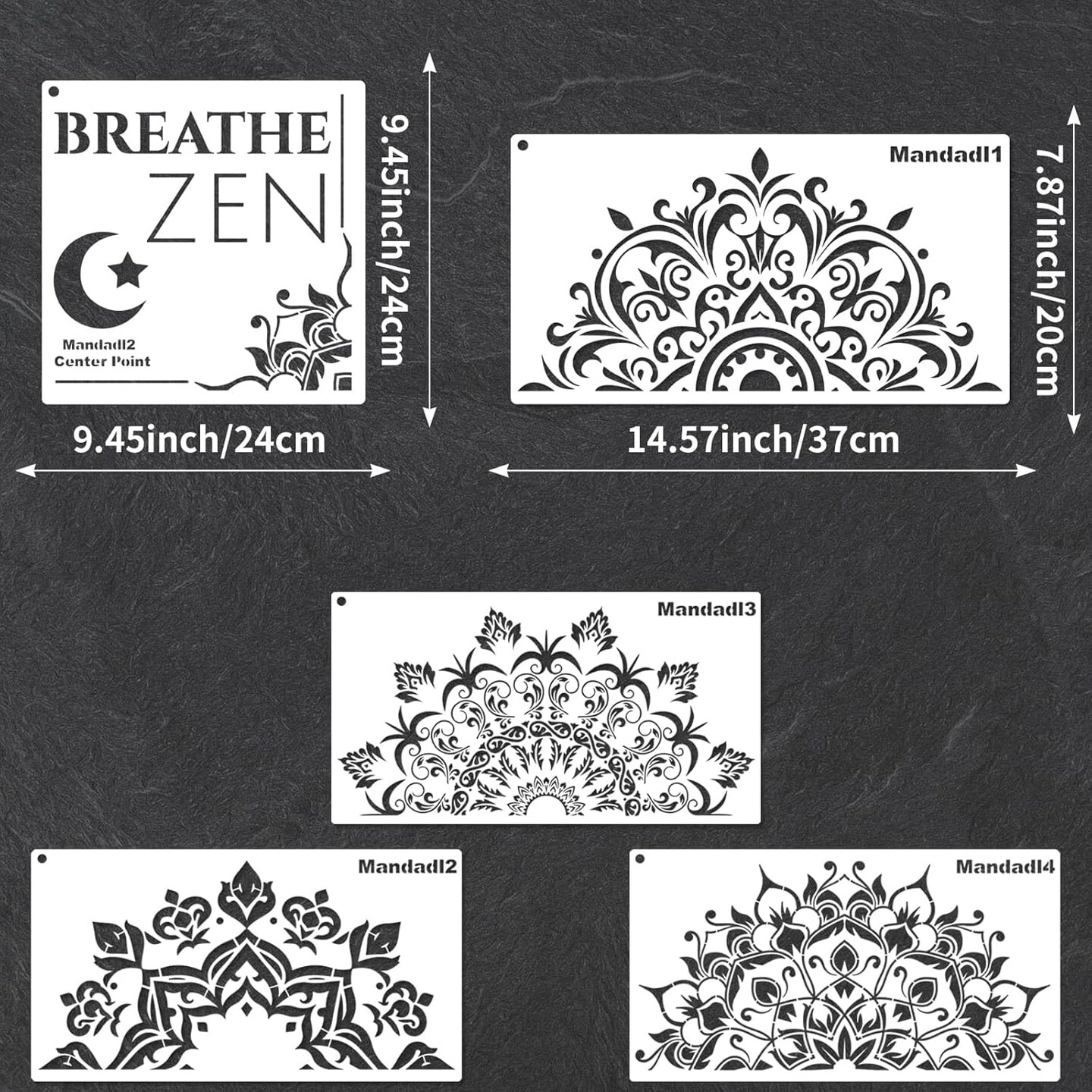 5-Pack Large Mandala Stencils – Half Mandala & Breathe Zen Reusable PET Painting Templates for DIY Crafts on Walls, Wood, Fabric, Rocks & Home Decor