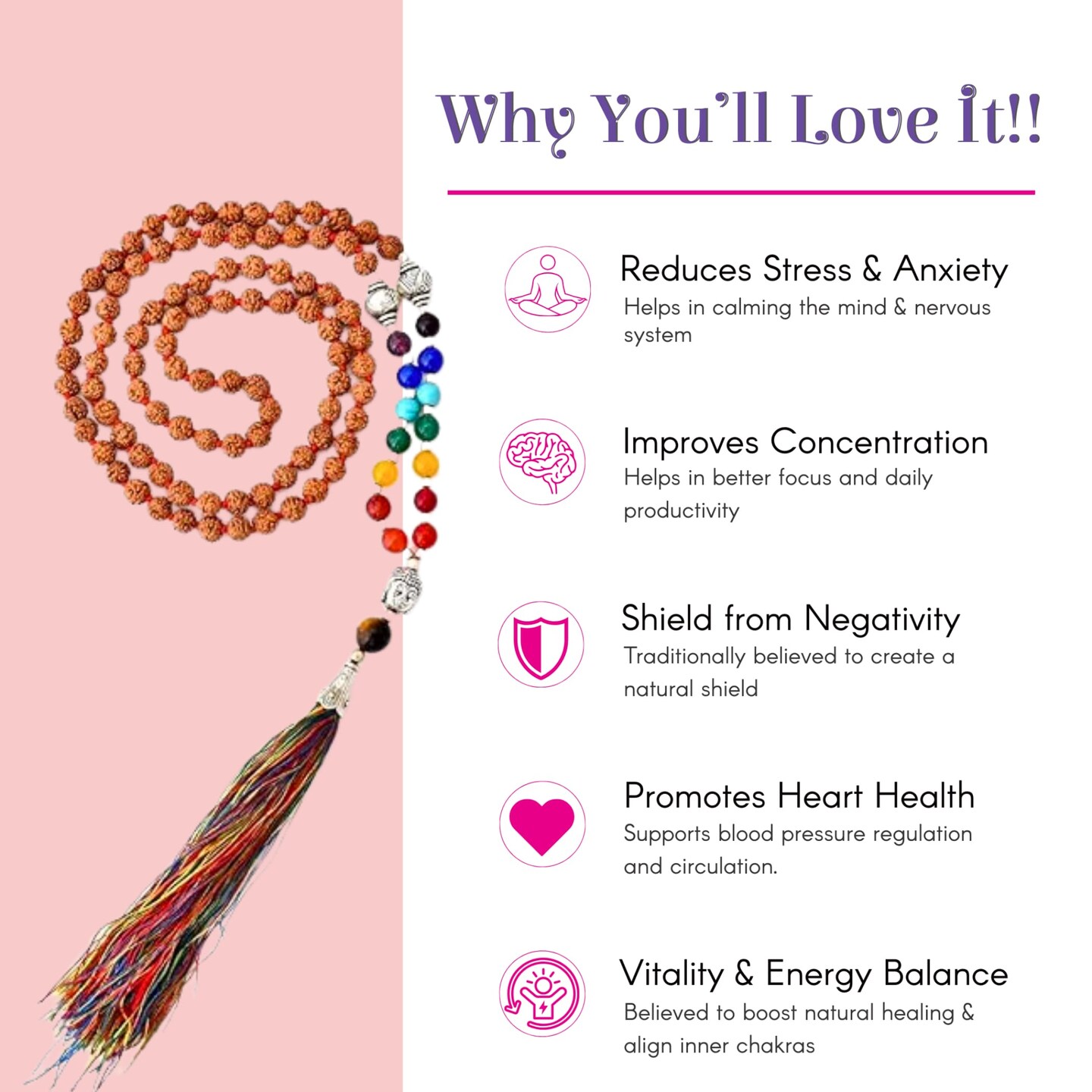 LOVENSPIRE 108 Mala Beads 7 Chakra Rudraksha Buddhist Prayer Beaded Japa Mala Buddha Charm Natural Healing Crystal Gemstones Yoga Meditation Necklace Tassel Tibetan Hand Knotted Men Women Jewelry