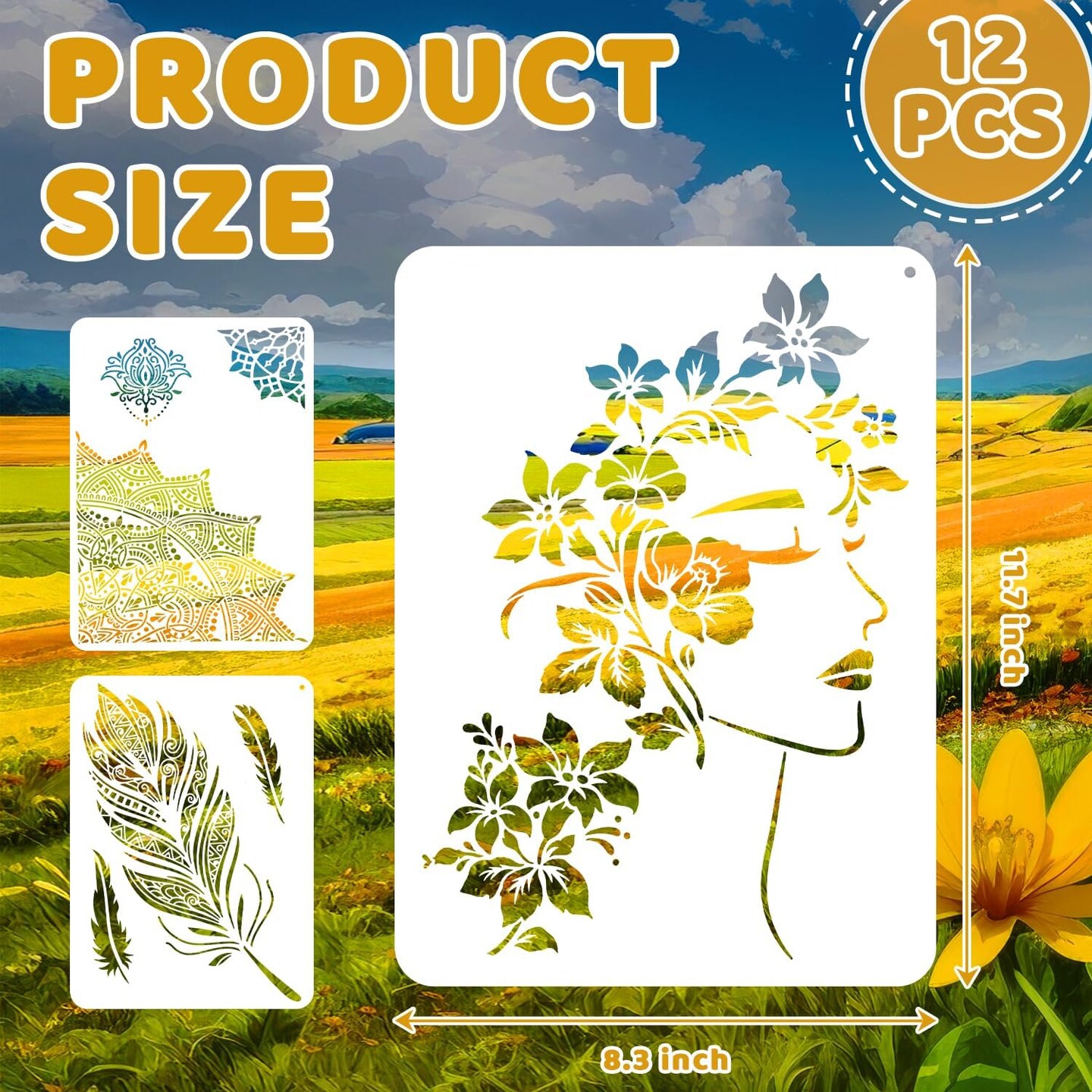 12-Pack Large Floral & Moon Mandala Stencils – Reusable A4 Painting Templates (8.3 x 11.7 in) for DIY Crafts on Walls, Floors, Wood, Tiles, Fabric & Furniture