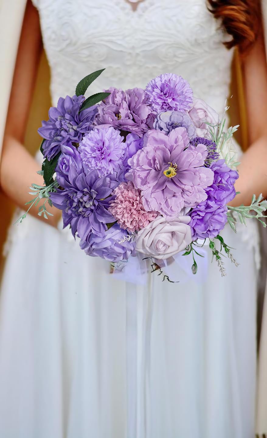Artificial Purple Flower Bouquet – Silk Dahlias & Roses for Table Centerpieces Home Decor
