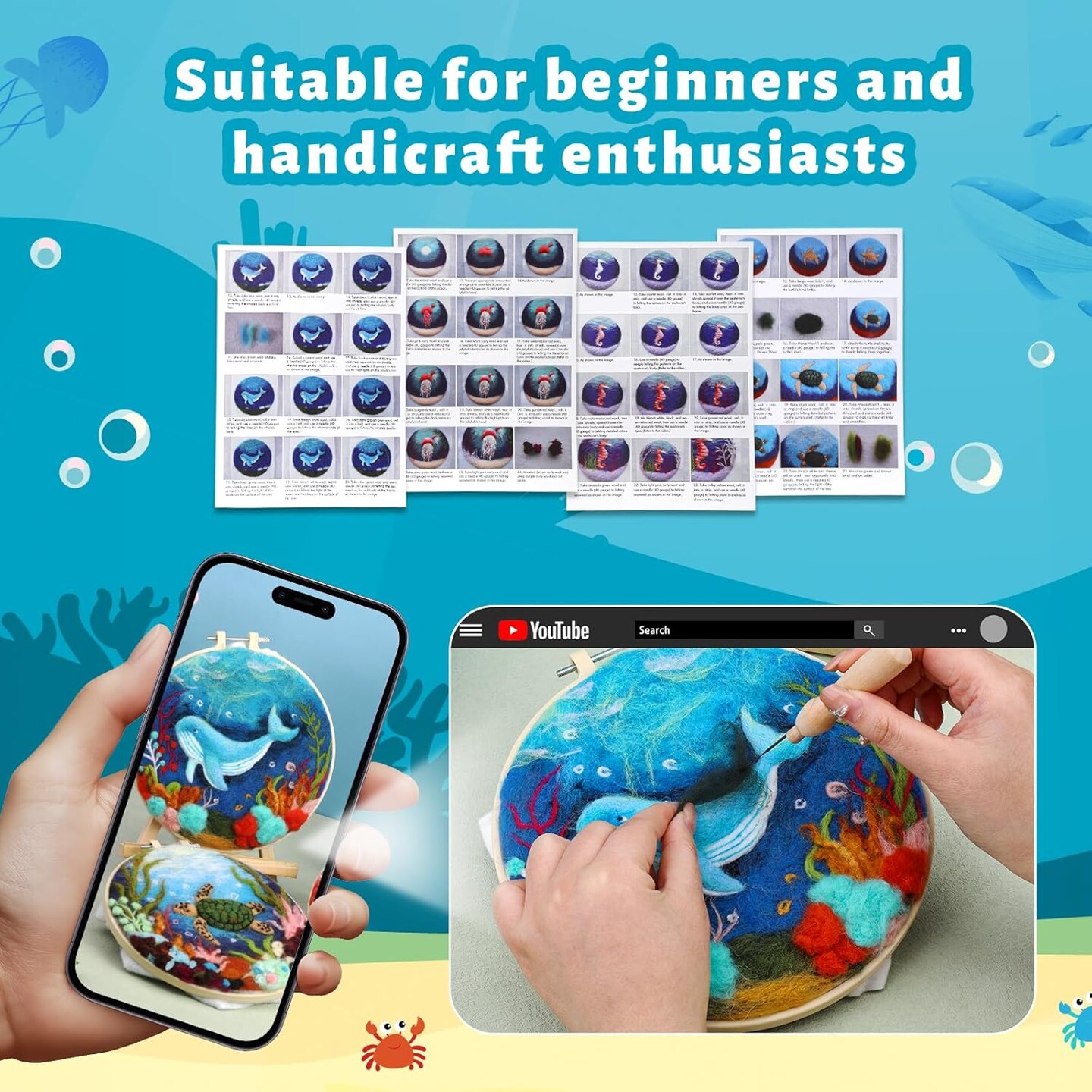 Needle Felting Kit, Wool Felting Kit for Beginners Adult with Wool, Needles, Foam Pad, Felt Cloth and Instructions &#x2013; 4 Set Sea Animals Painting Frame for Great Gift