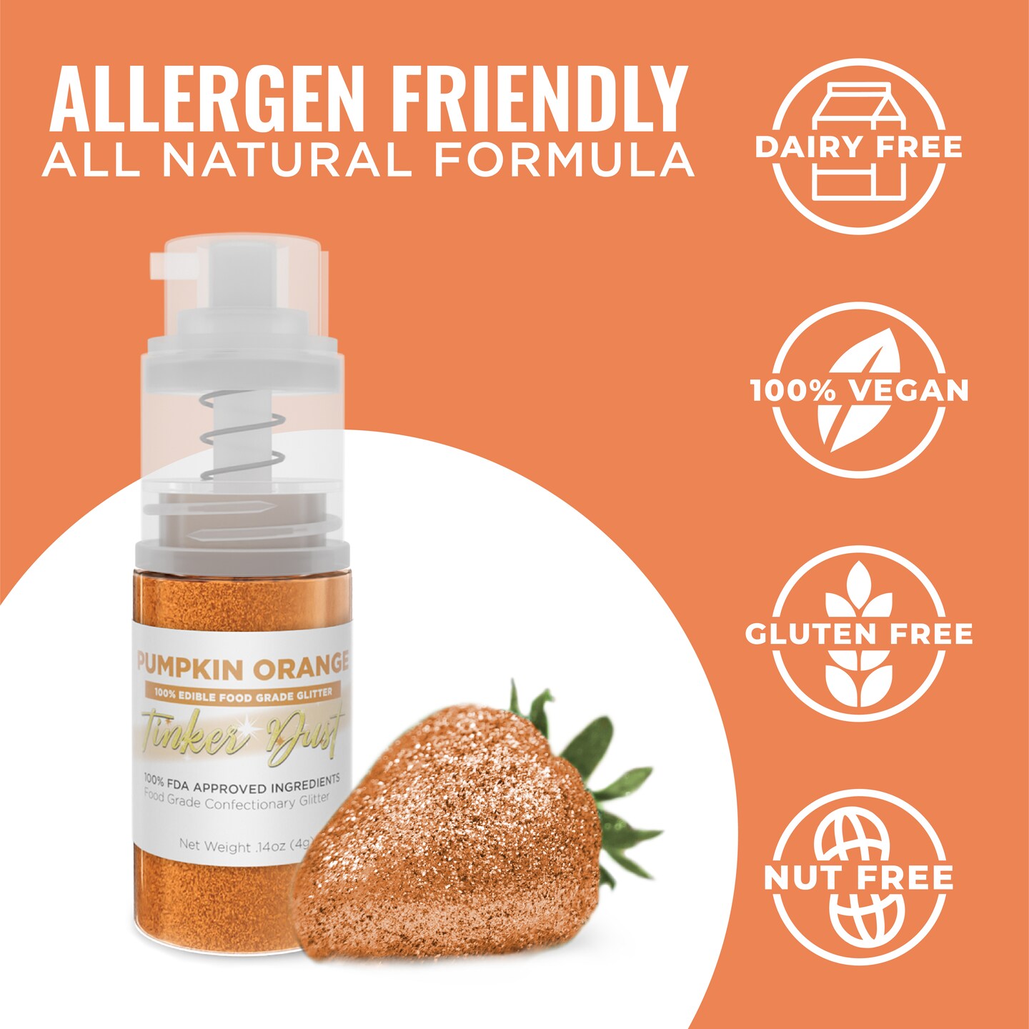 Bakell - Pumpkin Orange Tinker Dust Edible Glitter (4g, 1x Spray Pump) for Food, Desserts, and Beverages!