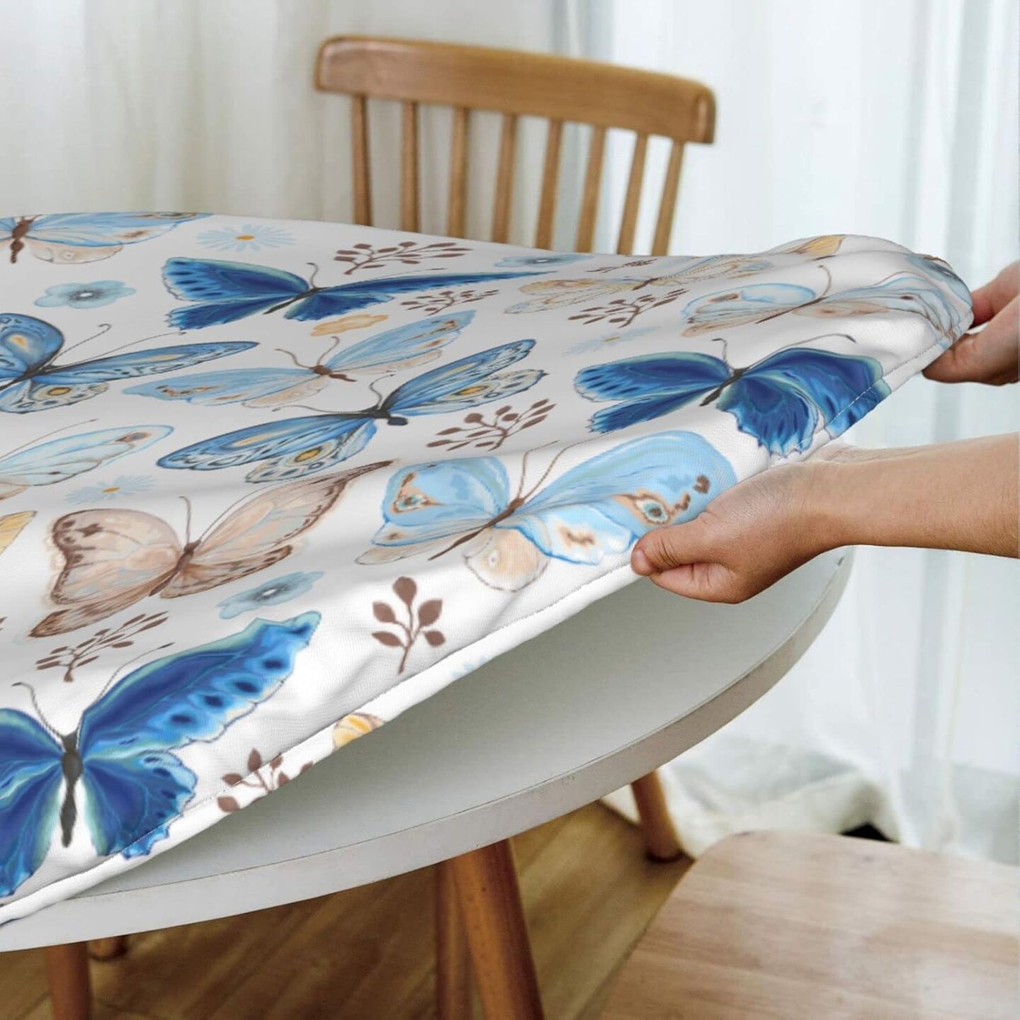Round Table Cloth Blue Butterfly Tablecloth Elastic Edge Fitted Table Cover