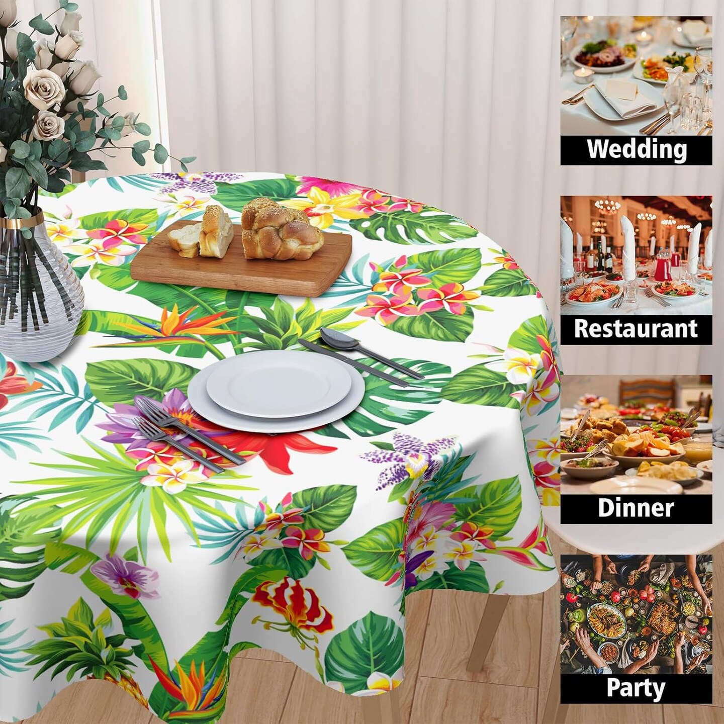 Tropical Leaves Round Tablecloth 60 Inch Summer Palm Leaf Floral Pineapple Outdoor Decorative Table Cloth Hawaiian Flower Washable Polyester Table Cover for Kitchen Dining Room Party Home Decor