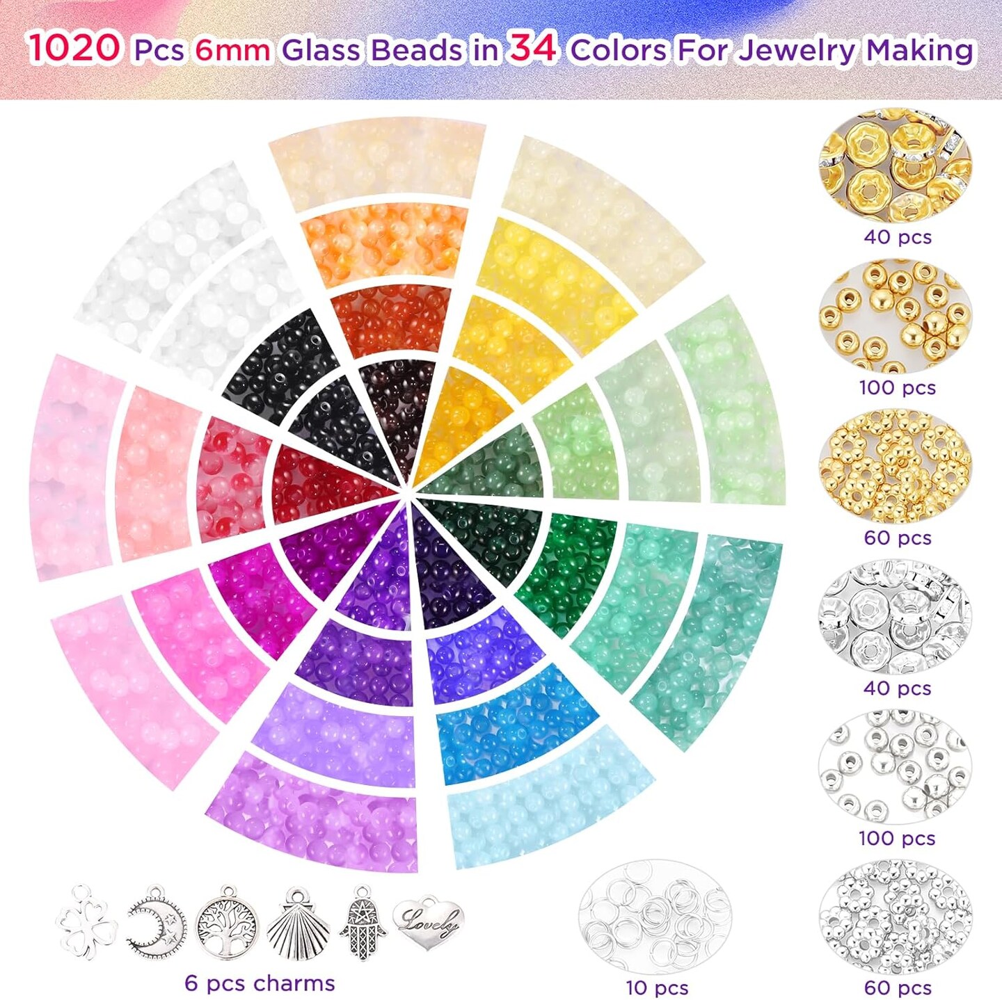 1368pcs 6mm Glass Beads – 34 Colors Crystal Round Beads with Spacer Beads and Charms