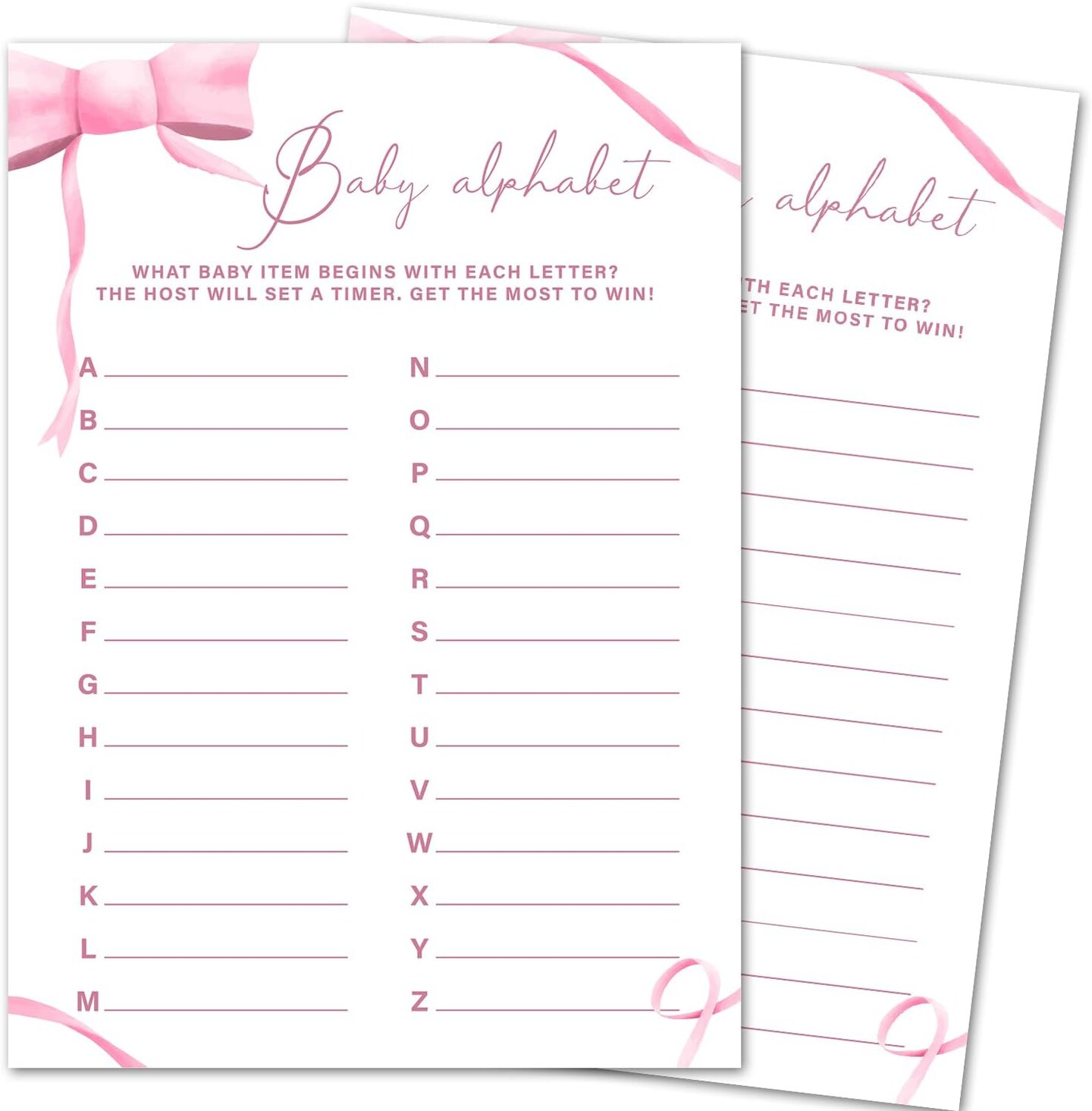 Baby Alphabet Games, Pink Bow Baby Shower Games Activity Gender Reveal Party Supplies, 30 Double-Sided Game Cards (5x7)