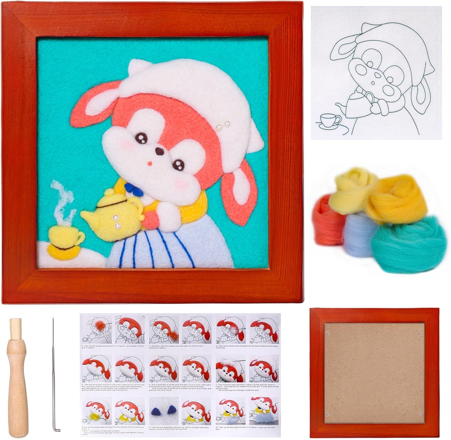 Needle Felting Starter Kit for Beginners Adults - All-in-One Wool Craft Set with Needles, Foam Pad, Frames &#x26; Step-by-Step Guide - DIY Supplies for 3D Animals, Home Decor &#x26; Unique Gifts