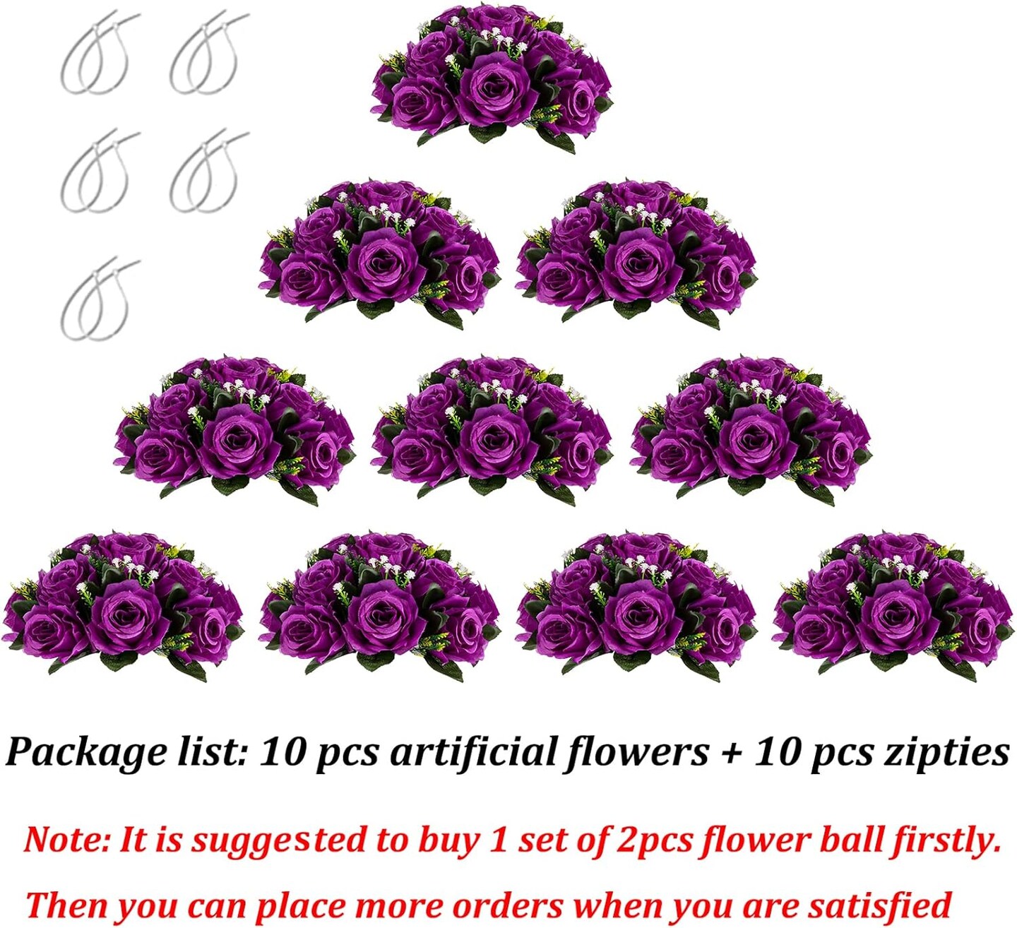 10pcs Purple Rose Flower Balls &#x2013; Artificial Wedding Centerpieces with Bases for DIY Decor (Purple)