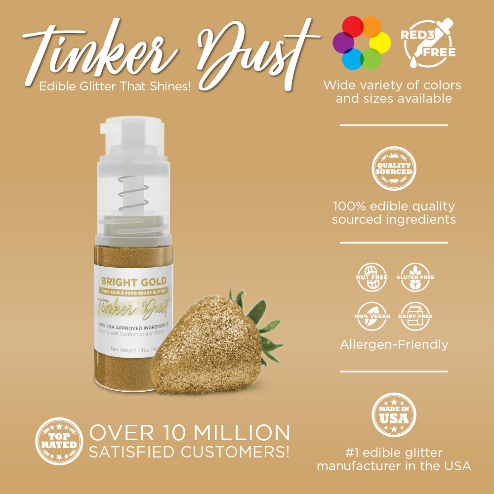 Bakell - Bright Gold Tinker Dust Edible Glitter (4g, 1x Spray Pump) for Food, Desserts, and Beverages!