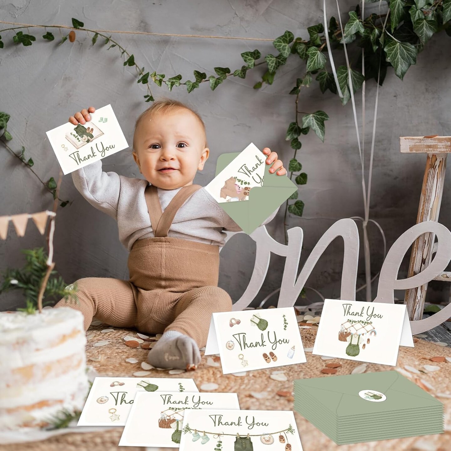 48 Pack Baby Shower Thank You Cards Vintage Green Clothes Note Cards with Envelopes Stickers Sage Green