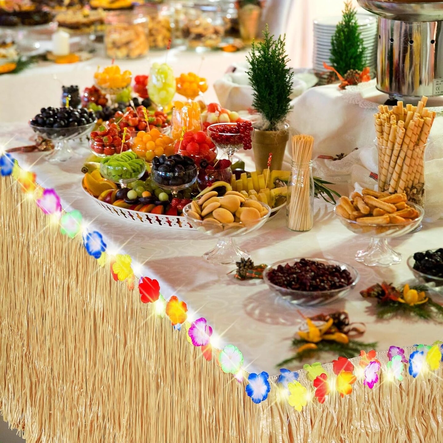 2 Pieces 9 Ft x 30 Inches Luau Grass Table Skirts with LED String Light (Natural)