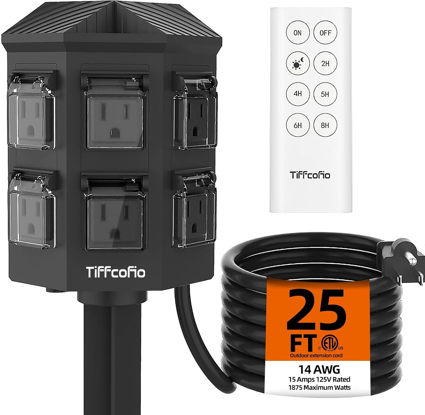 Outdoor Power Stake with Timer, 25FT Extension Cord Waterproof,Remote Control Dusk to Dawn Sensor Light Timer, 6 Grounded Outlets for Outdoor Decorations, 14 AWG, 15A/1875W, ETL Listed