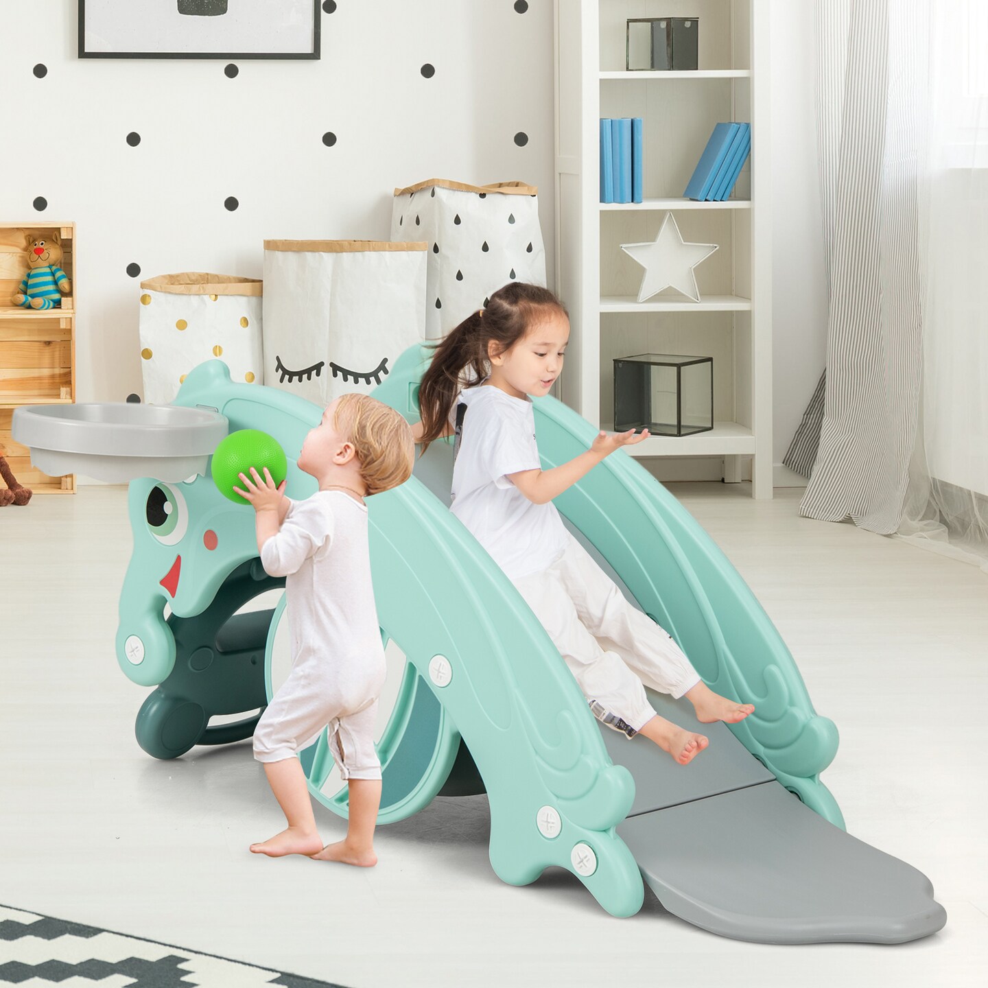 Plastic 3-in-1 Kids Slide Rocking Horse Convertible with Hoop