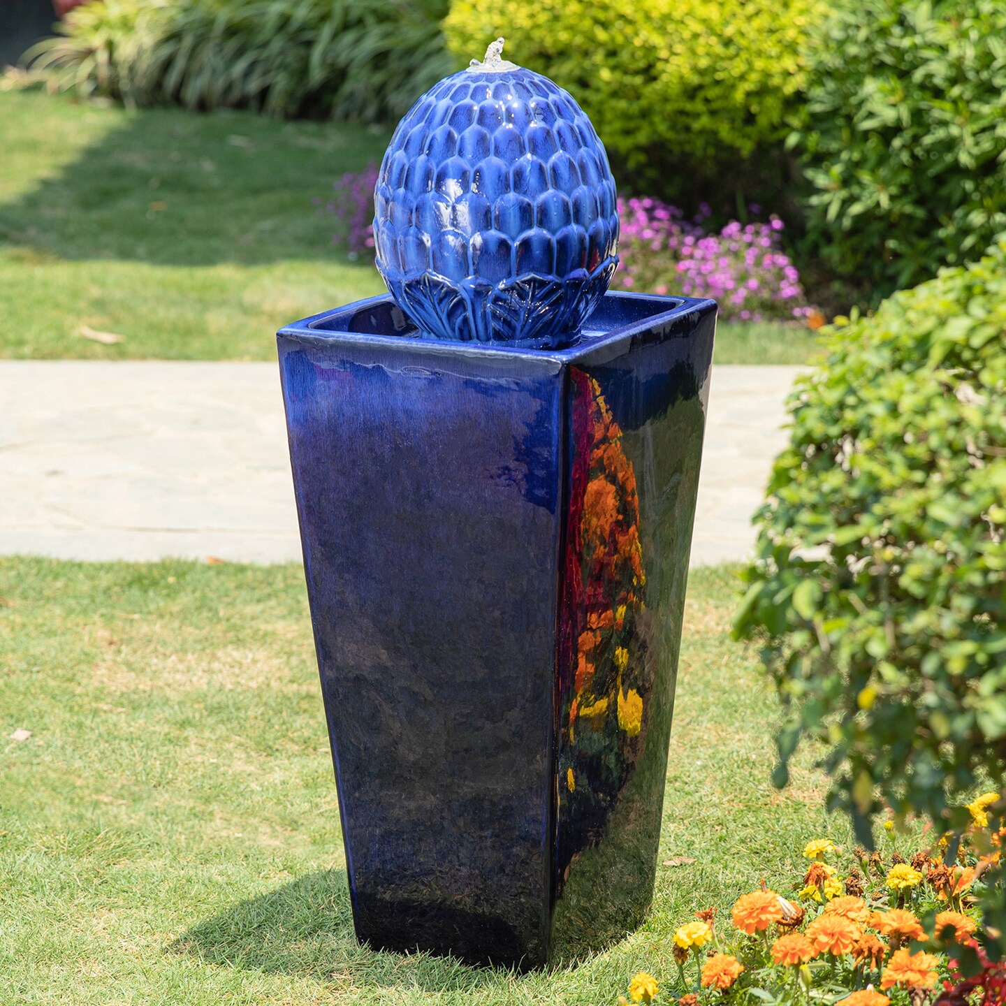 35.75&#x22;H Oversized Artichoke Pedestal Ceramic Outdoor Fountain with LED Light, Includes Pump, Multiple Colors