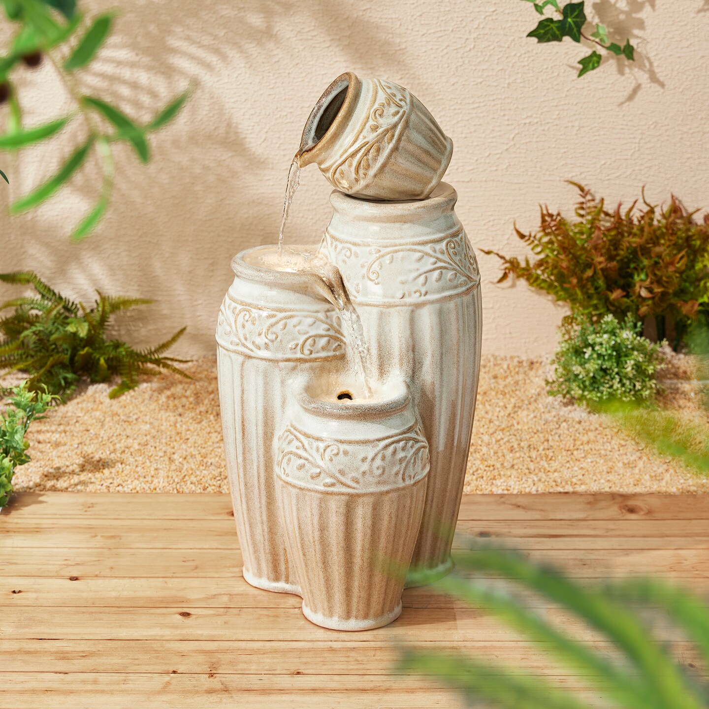 27.25&#x22;H Embossed Pattern Ceramic Pots 4-Tier Outdoor Fountain with LED Light, Includes Pump, Multiple Colors