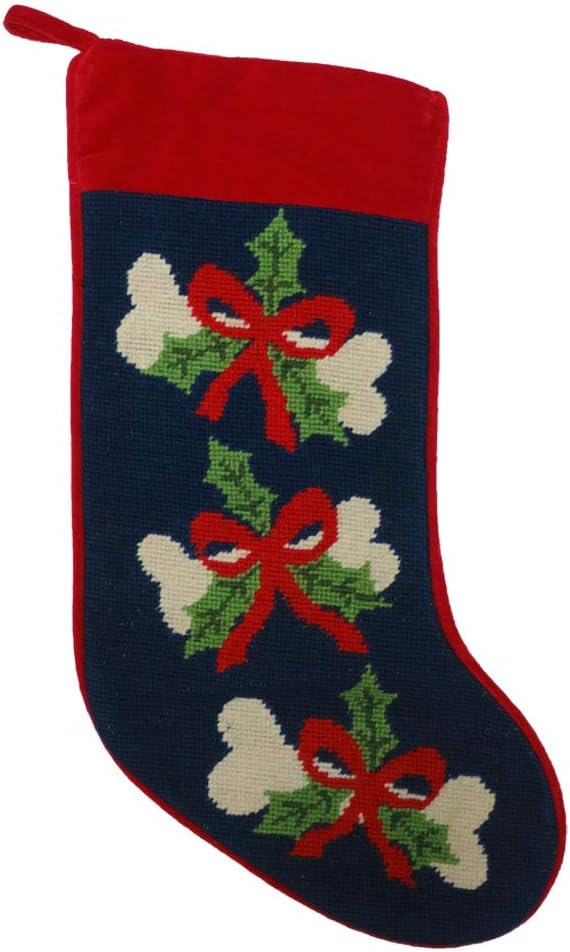 Dog Bones with Red Ribbon Holly Needlepoint Christmas Stocking, Wool, 11 Inch x 18 Inch