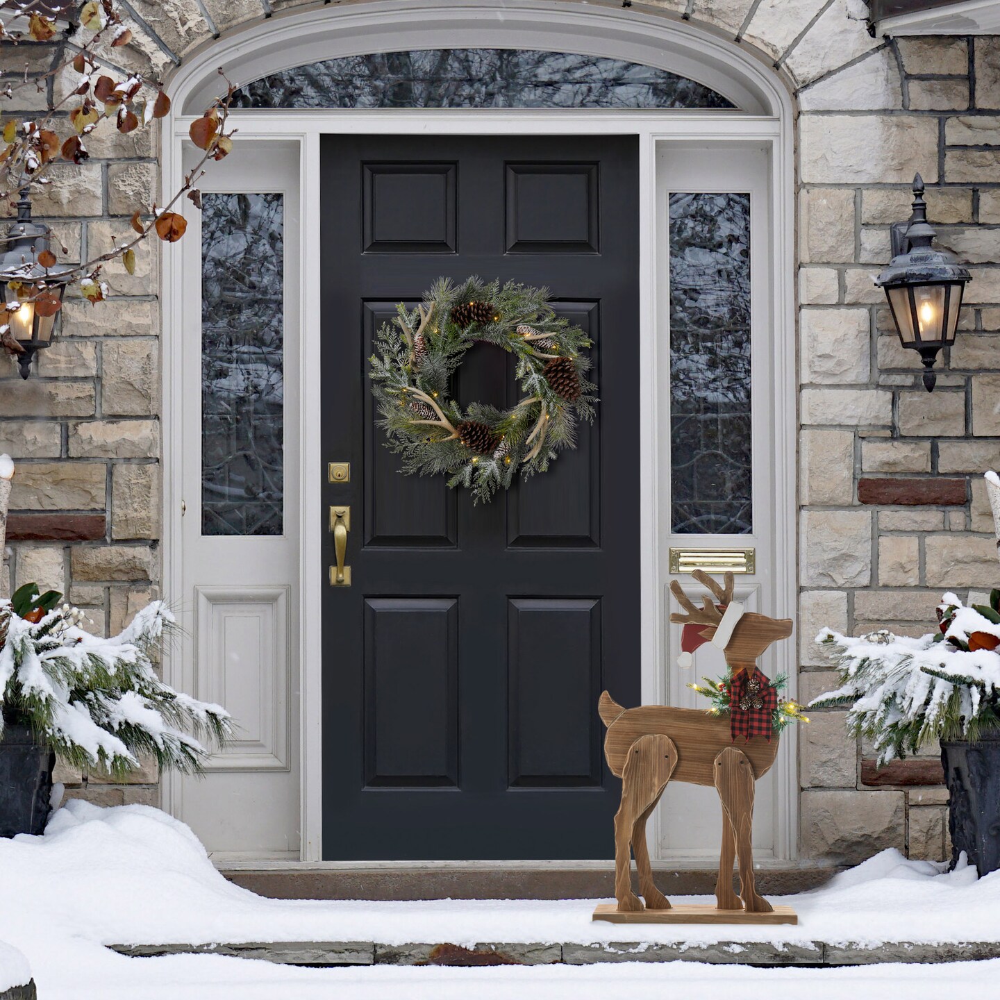 36&#x22;H Chunky Wood Reindeer Porch Decor with Timer (KD)