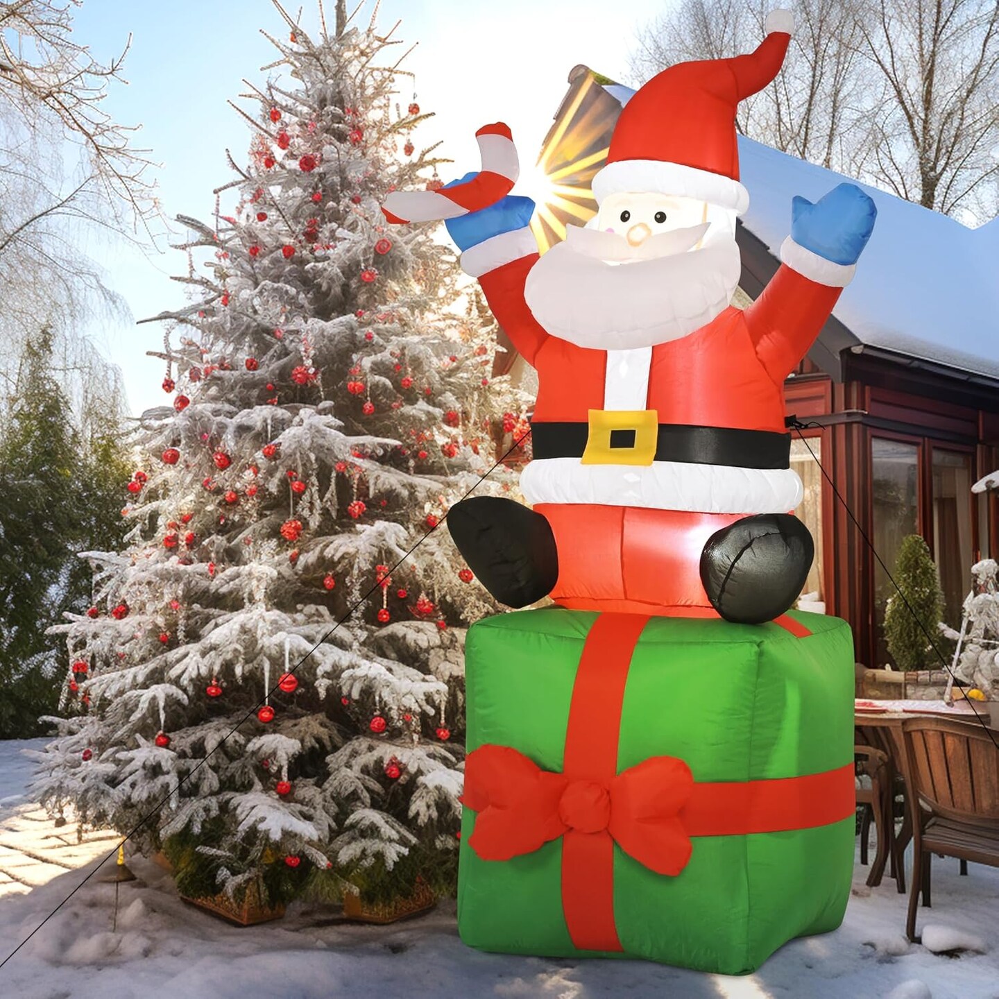 6 FT Christmas Inflatable Decorations, Santa Claus Sitting on Gift Box, with Build-in LEDs for Yard Indoor Outdoor Garden Party