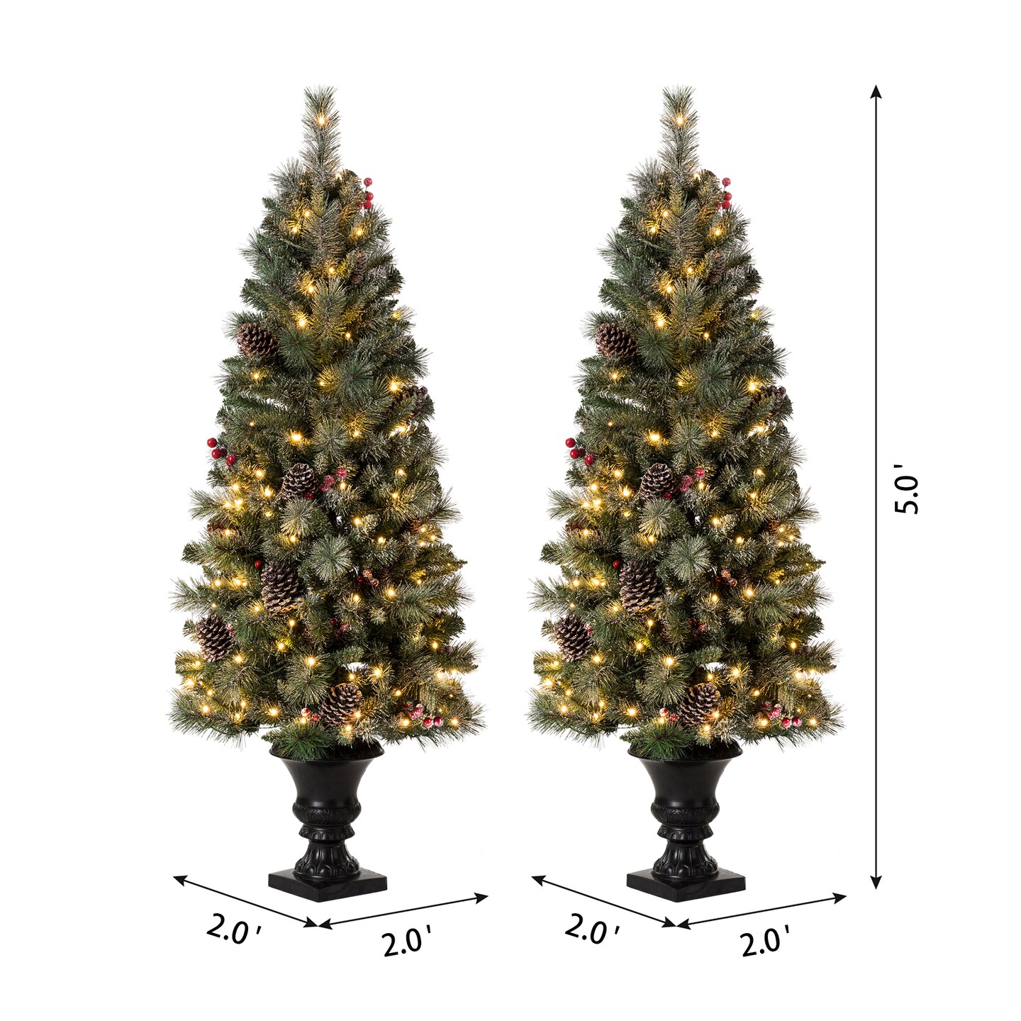 Set of 2/3 4ft/5ft/6ft Flocked Pinecone Christmas Potted Porch Tree With Warm White Lights