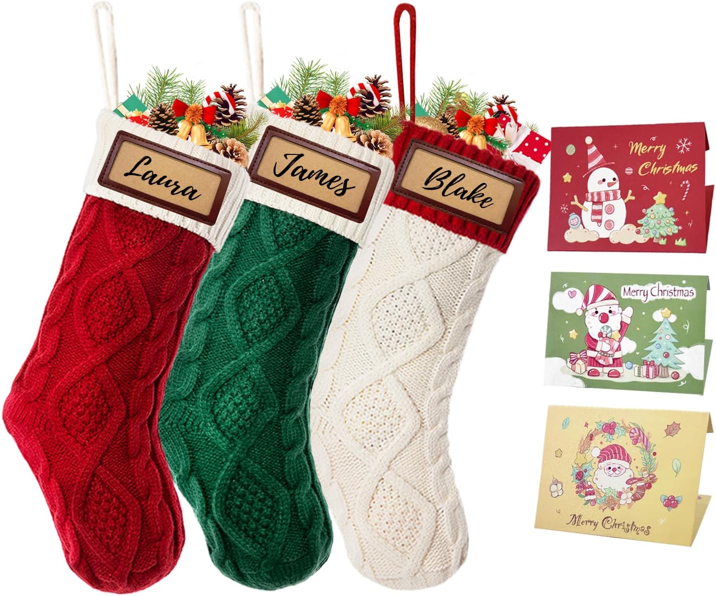 Personalized Christmas Stocking with Leather Patches, Custom Name Family Christmas Stockings, 18&#x201D; Large Knitted Xmas Stockings for Kids, Holiday and Fireplace Party Decoration - 3Pcs RW+GW+WR