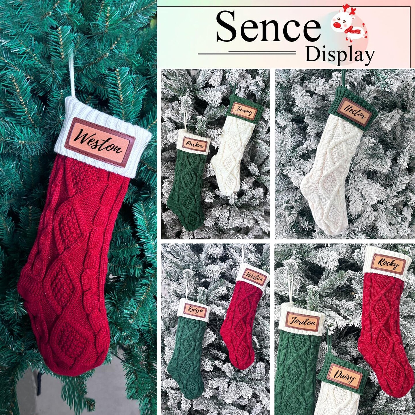 Personalized Christmas Stocking with Leather Patches, Custom Name Family Christmas Stockings, 18&#x201D; Large Knitted Xmas Stockings for Kids, Holiday and Fireplace Party Decoration - 3Pcs RW+GW+WR