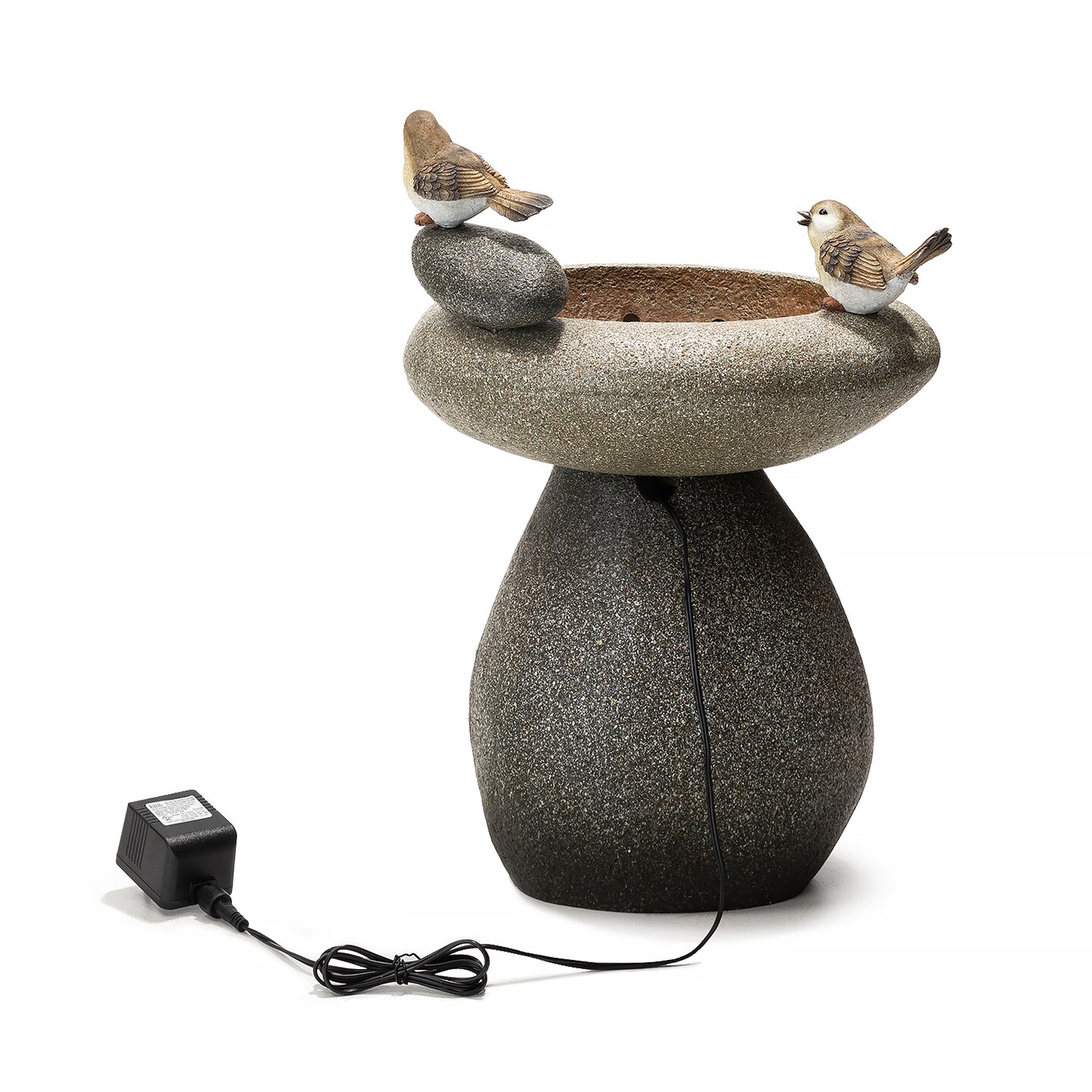 20.75&#x27;&#x27;H Zen-Style Faux Stone Texture Birdbath Polyresin Outdoor Fountain with Birds, Pump and LED Light (KD)