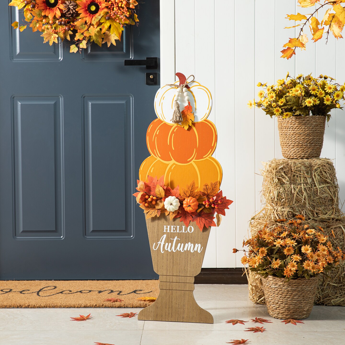 36&#x22;H Fall Wooden Stacked Pumpkin with Urn Porch Decor