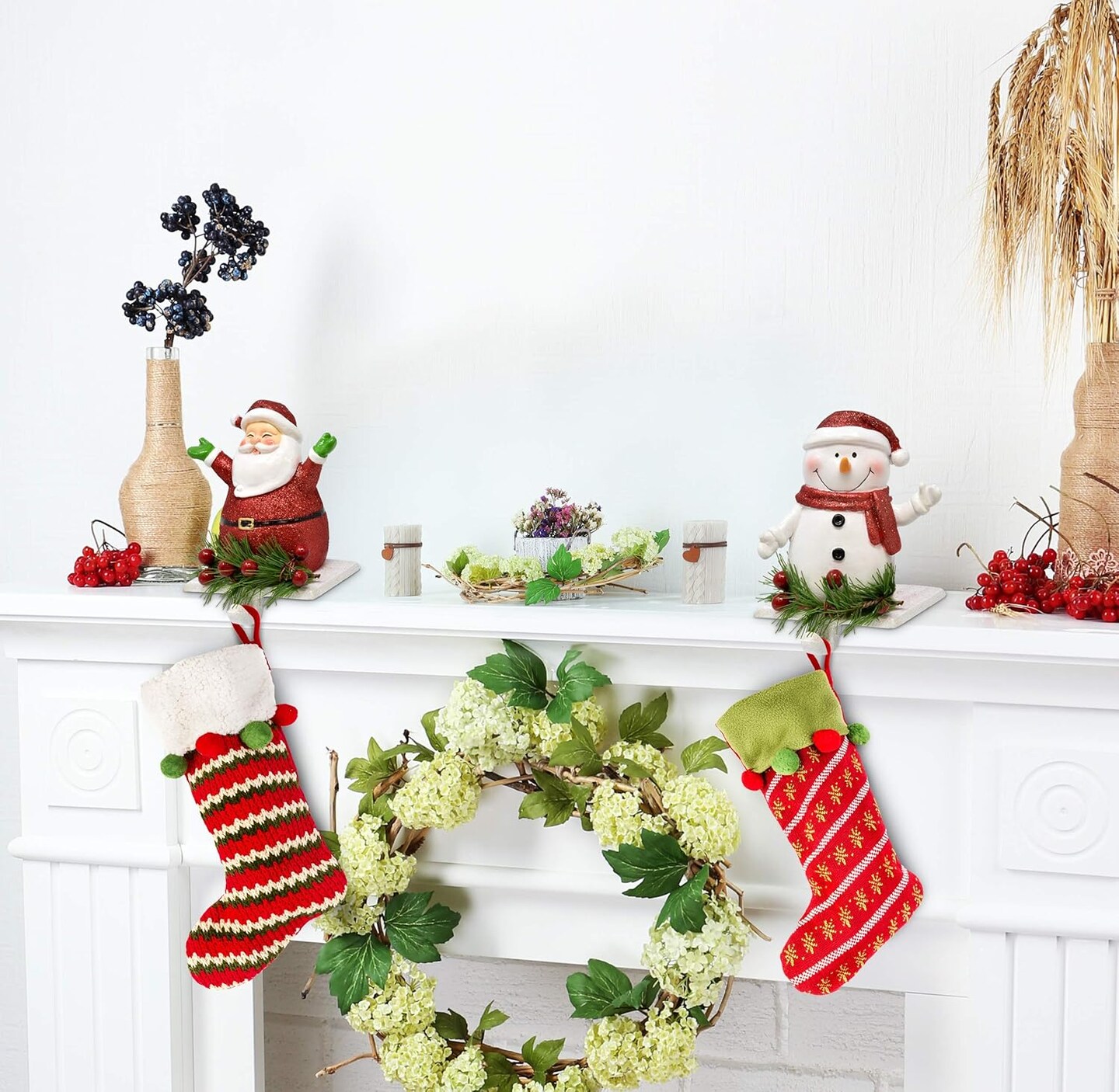Christmas Stocking Holder Set of 2 Poly Resin Iron Snowman and Santa Stockings Hanger Mantle or Fireplace Decor Durable Long Lasting Decoration