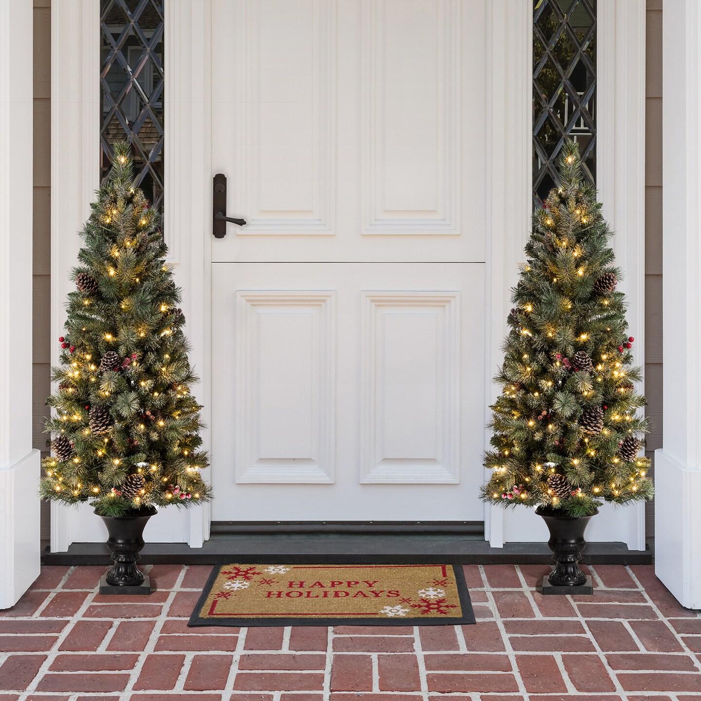 Set of 2/3 4ft/5ft/6ft Flocked Pinecone Christmas Potted Porch Tree With Warm White Lights