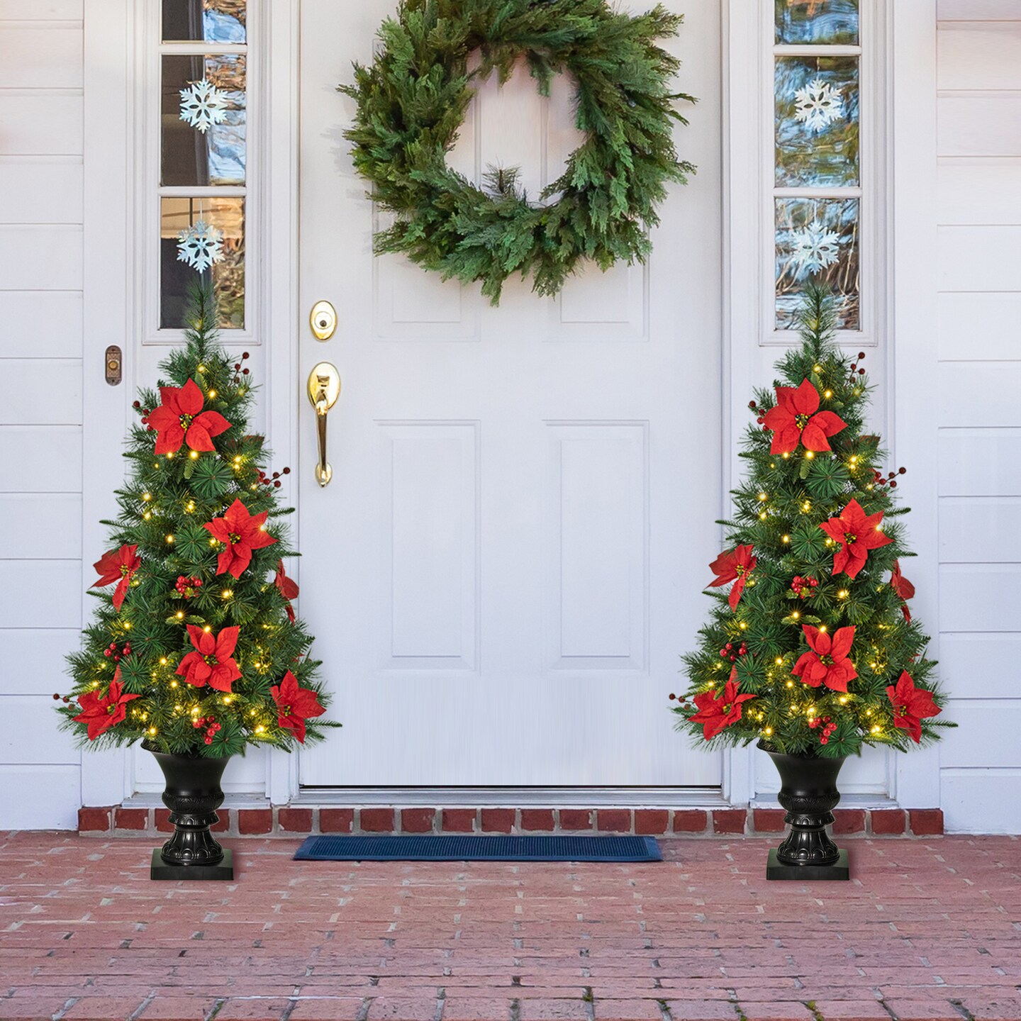 4ft/5ft Set of 2 Pre-Lit Pine Artificial Christmas Potted Porch Trees with Warm White Lights