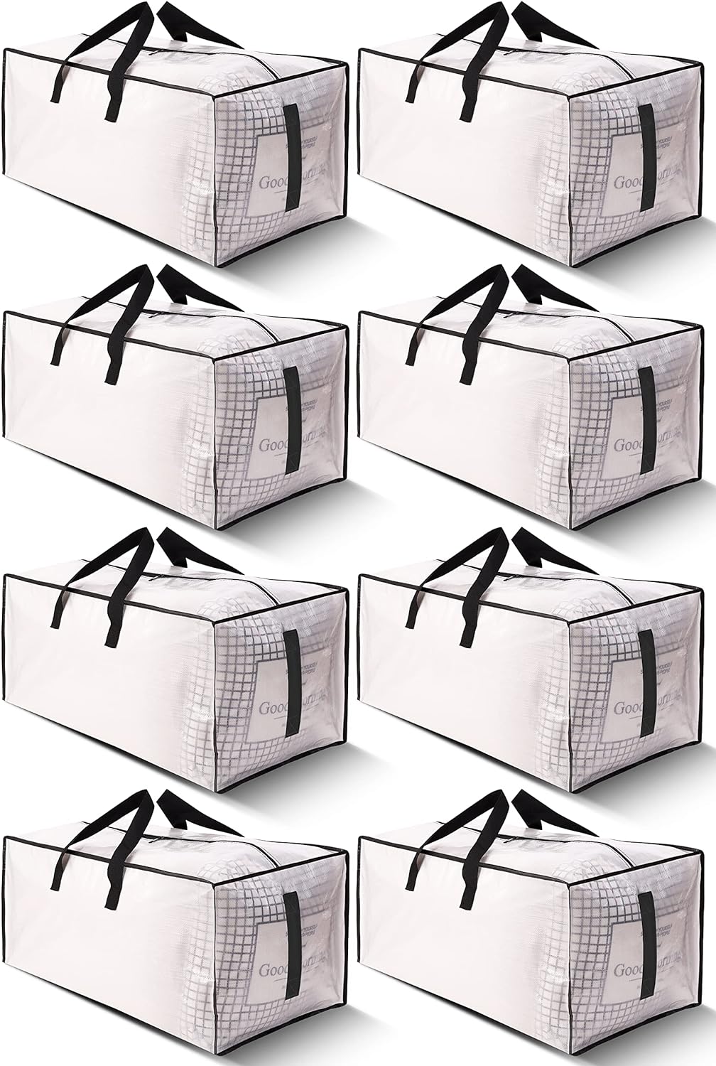 8 Pack Large Strong Moving Bags with Zippers &#x26; Carrying Handles - Water-Resistant - Heavy Duty Storage Tote for Space Saving, Fold Flat, Alternative to Moving Box (Semi-Transparent)
