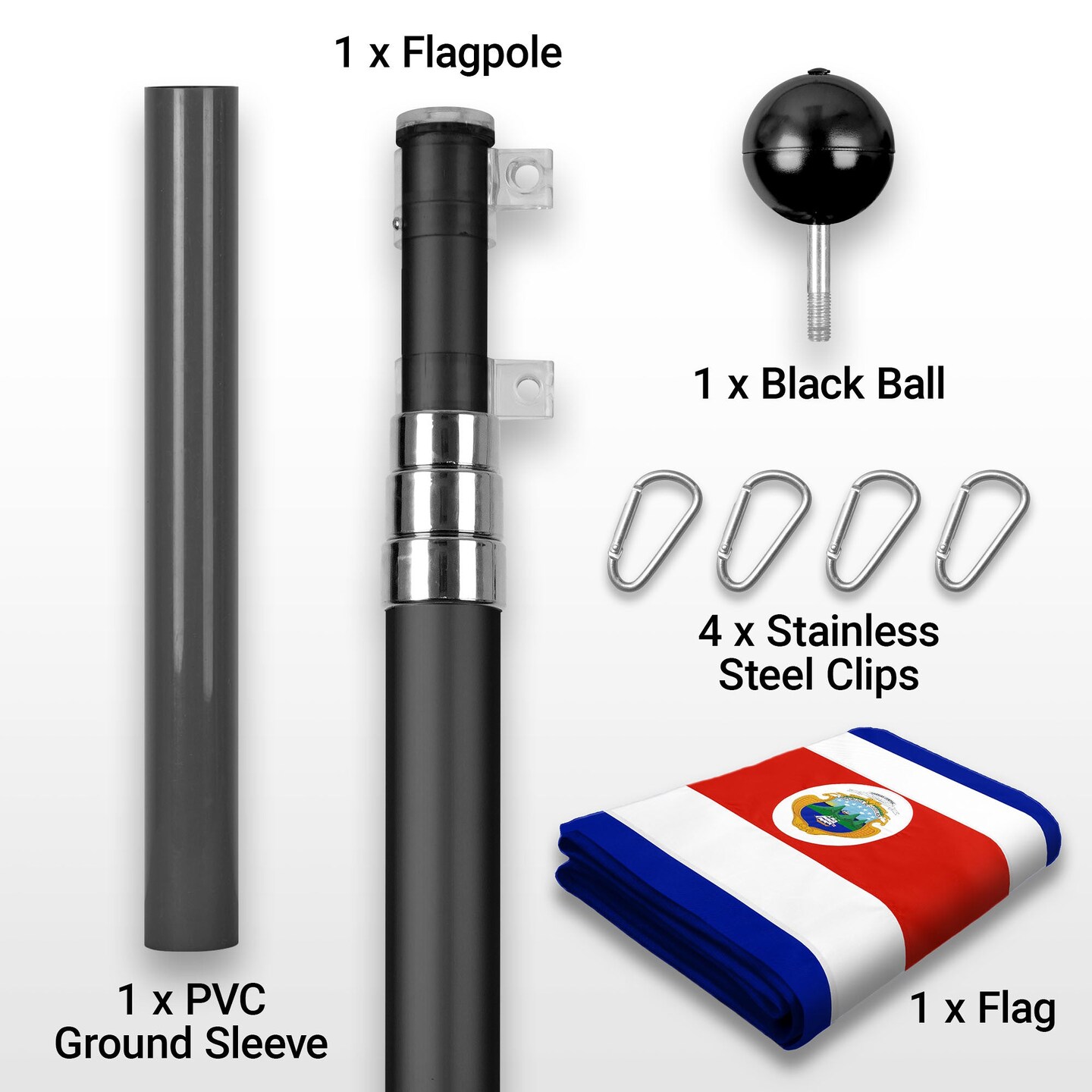 G128 Combo Pack: 16 Ft Telescoping Aluminum Flagpole (Black) & Costa Rica Costa Rican Flag 3x5 Ft, ToughWeave Series Embroidered 300D Polyester | Pole with Flag Included