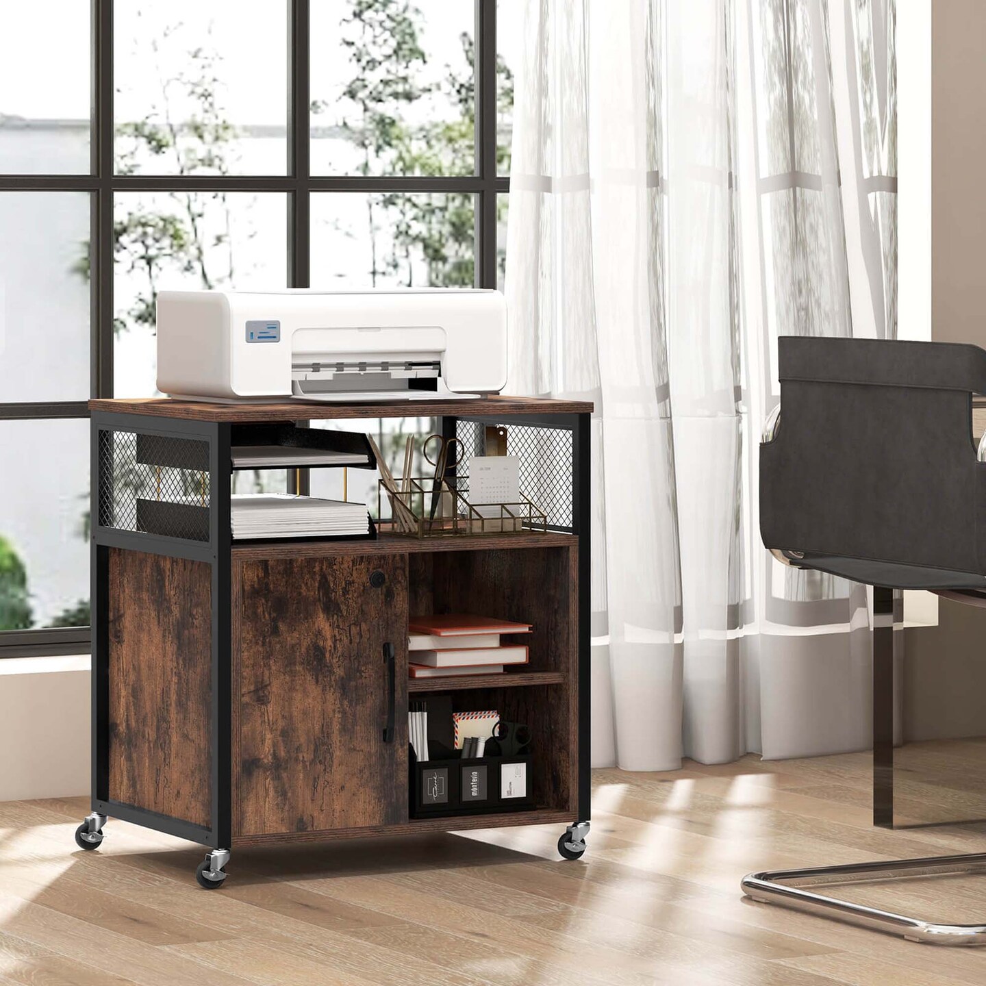 Costway File Cabinet on Wheels with Charging Station & Cable Management Hole Shelves Brown/Grey