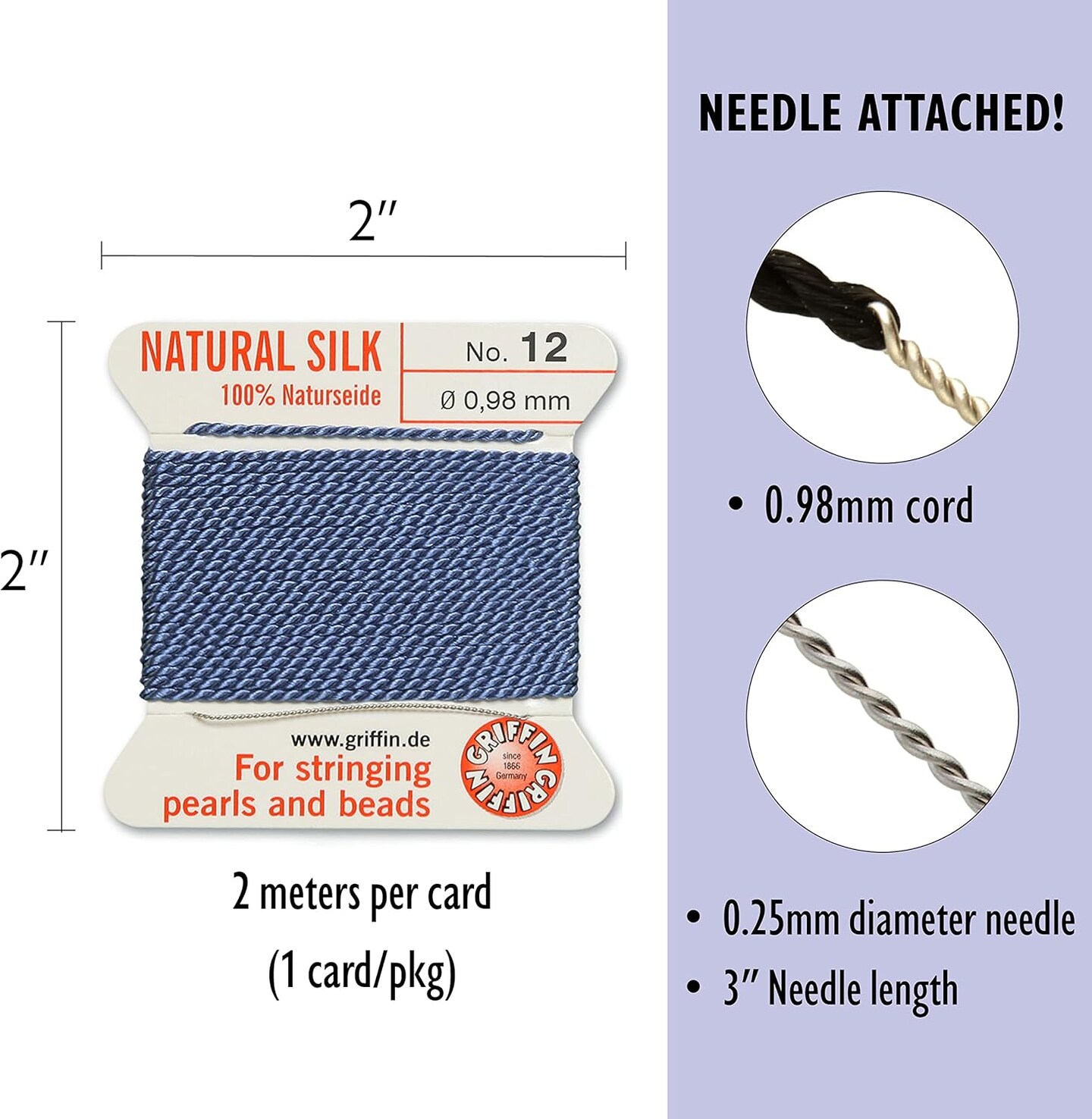 Griffin Silk Bead Cord Perlseide – Size 12 (0.98mm) – 2 Meters per Card – Stainless Steel Needle Attached – for Knotting Pearls, Gemstones, Crystals and Beads