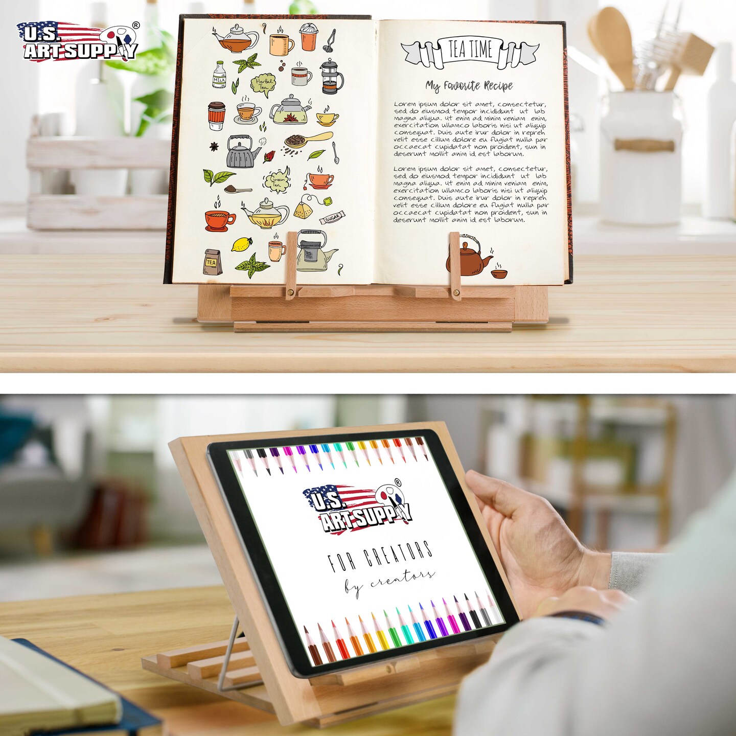 Large Wooden Table Easel - Adjustable Incline, 2 Page Holders - Functions as Wooden Cookbook Stand, Kitchen Countertop Recipe Rack, Tablet Rest & Cook Book Holder for Kitchen Counter