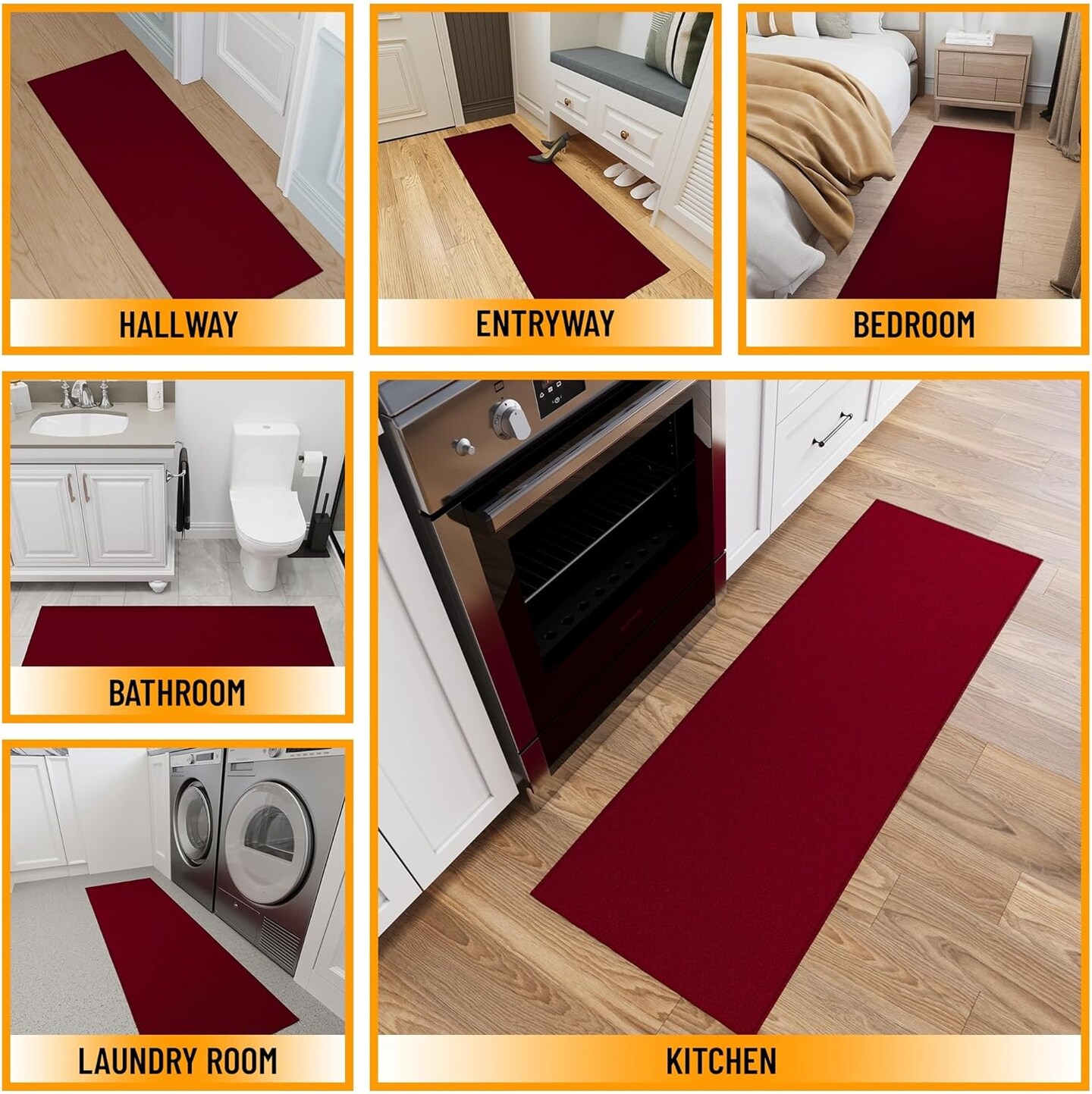 Machine Washable Modern Solid Design Non-Slip Rubberback 2x5 Traditional Runner Rug for Hallway, Kitchen, Bedroom, Entryway, 20&#x22; x 59&#x22;, Red