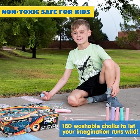 180 PCS Washable Sidewalk Chalks Set in 20 Colors Non-Toxic Jumbo Chalk for Outdoor Art Play, Painting on Chalkboard, Blackboard and Playground
