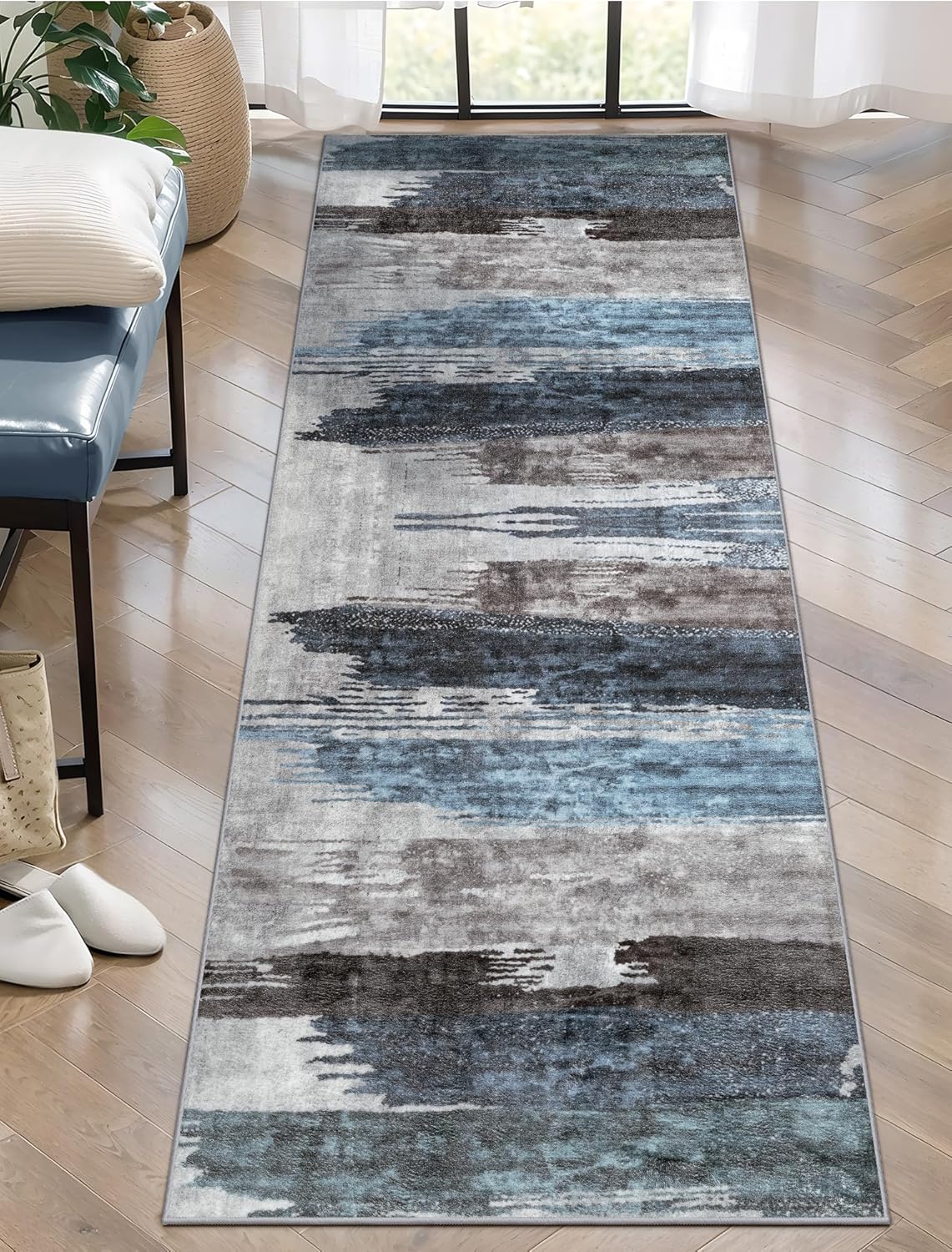 2x6 Washable Runner Rug, Modern Abstract Hallway Rug Runner, Non-Slip Thin Accent Rug Lightweight Navy Grey Print Distressed Carpet Runner for Laundry Entryway Bedroom Kitchen Bathroom Indoor