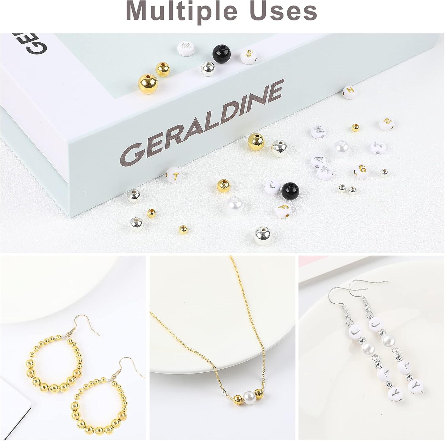 1800Pcs Jewelry Beads Making Set, Silver & Gold Round Spacer Beads 3 Sizes Smooth Alphabet Pearls Beads and 2 Rolls Elastic String for DIY Craft Supplies