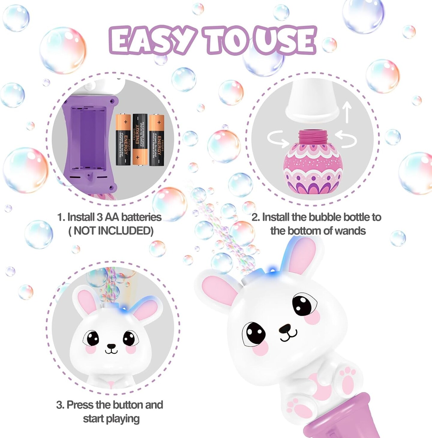 2 Pack Bubble Wands for Kids, 11.2 inch Automatic Bubble Blower with Light for Girls, Bubble Toy for Easter Party Favor Basket Stuffers