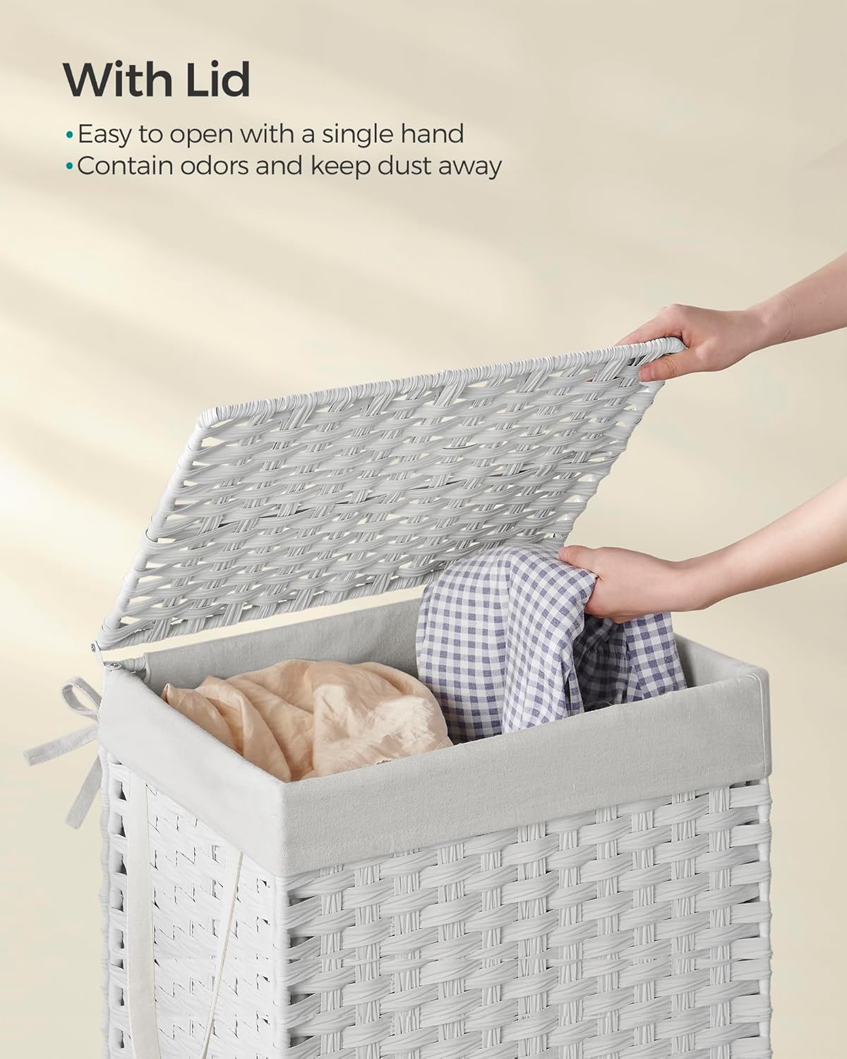Laundry Hamper with Lid, 23.8 Gallon (90 L) Synthetic Rattan Clothes Laundry Basket with Lid and Handles, Foldable, Removable Liner