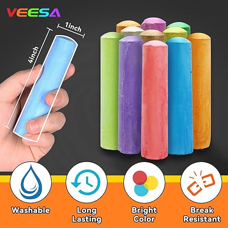 VEESA Sidewalk Chalk, 10 Colors in 52 Pcs, 4” x 1” - Washable Jumbo Driveway Chalk Bulk for kids Adults, Draw on Chalkboard, Blackboard and Outdoor Playground